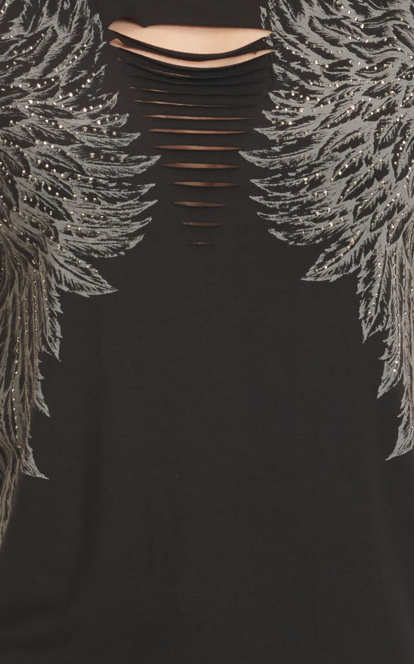 Liberty Wear Women's Black Bling Wings Shredded V Front Short Sleeve Top  - Image 3
