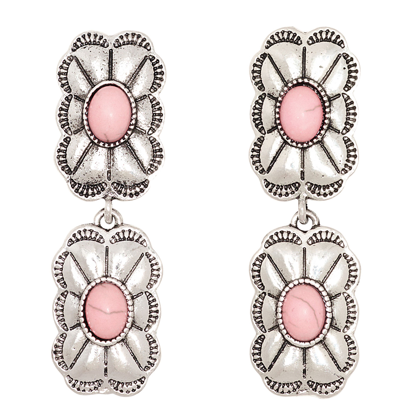 Southern Grace Silver & Pink Stone Scalloped Pendant Post Earrings - Image 1