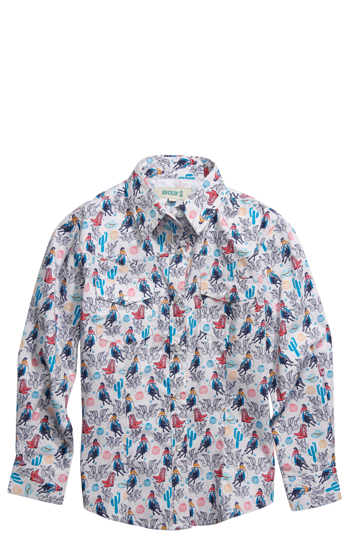 Rockin C Girl's White Classic Horse & Cactus Western Print Top - Image 1