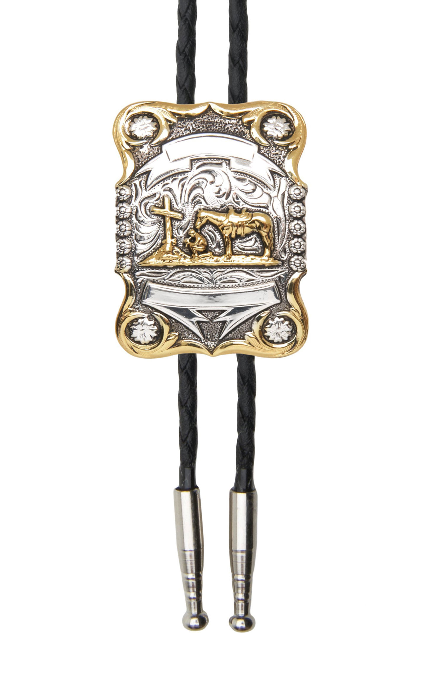 AndWest Silver & Gold Scalloped Praying Cowboy Bolo Tie - Image 1