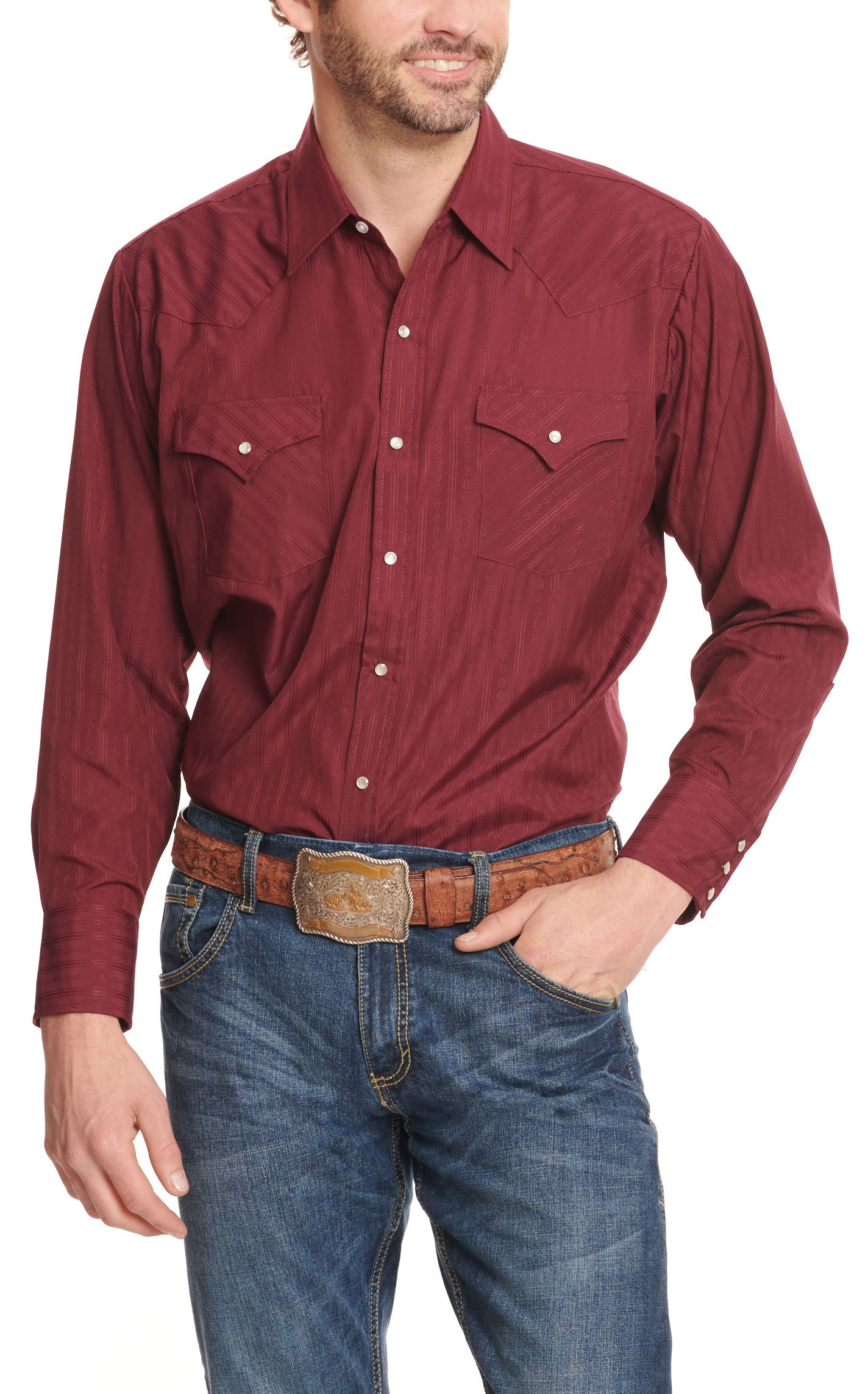 Ely Cattleman Men's Solid Burgundy Long Sleeve Western Shirt - Image 1