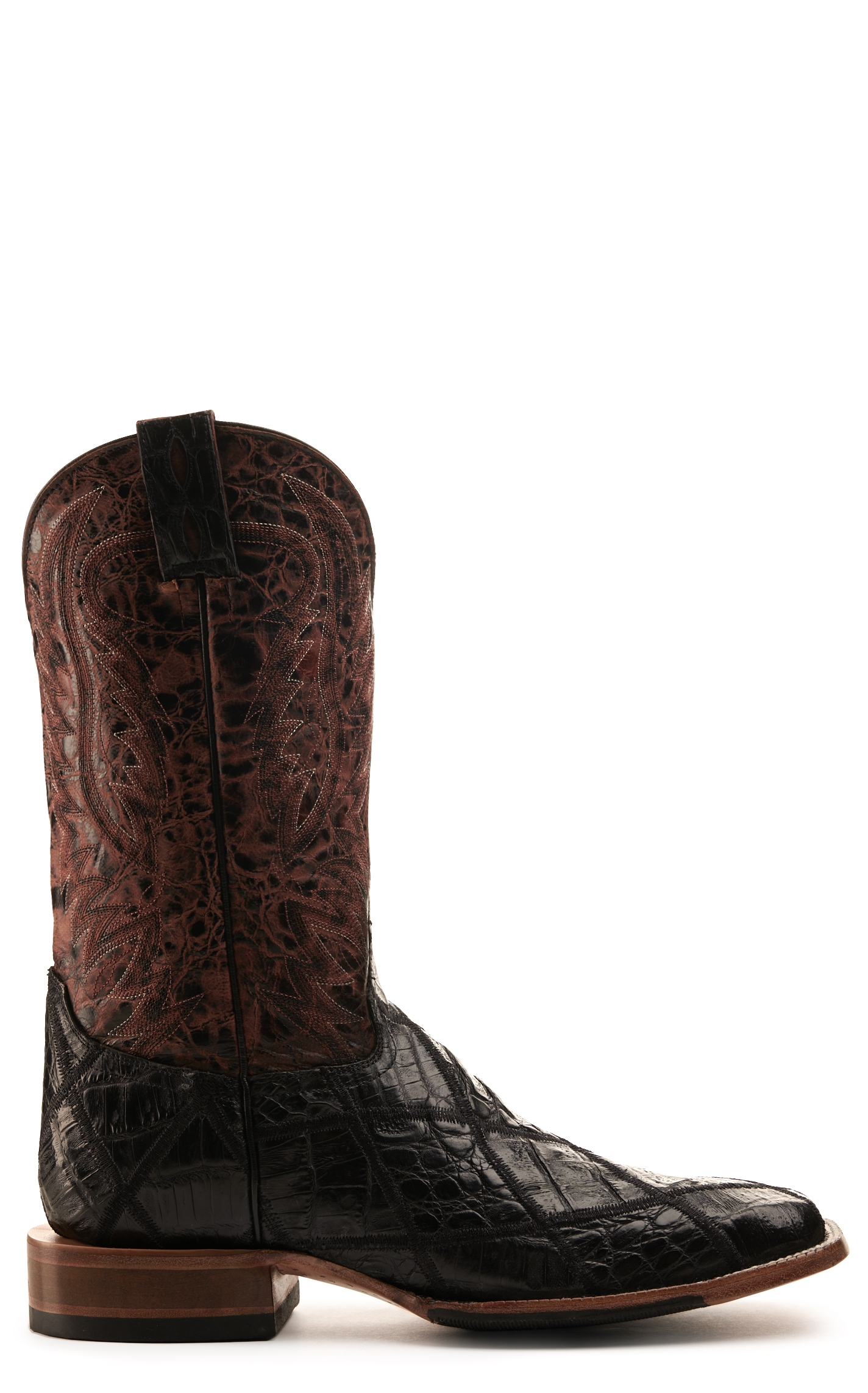 Cavender's Men's Black Caiman Patchwork and Wine Wide Square Toe Exotic Cowboy Boots - Image 1