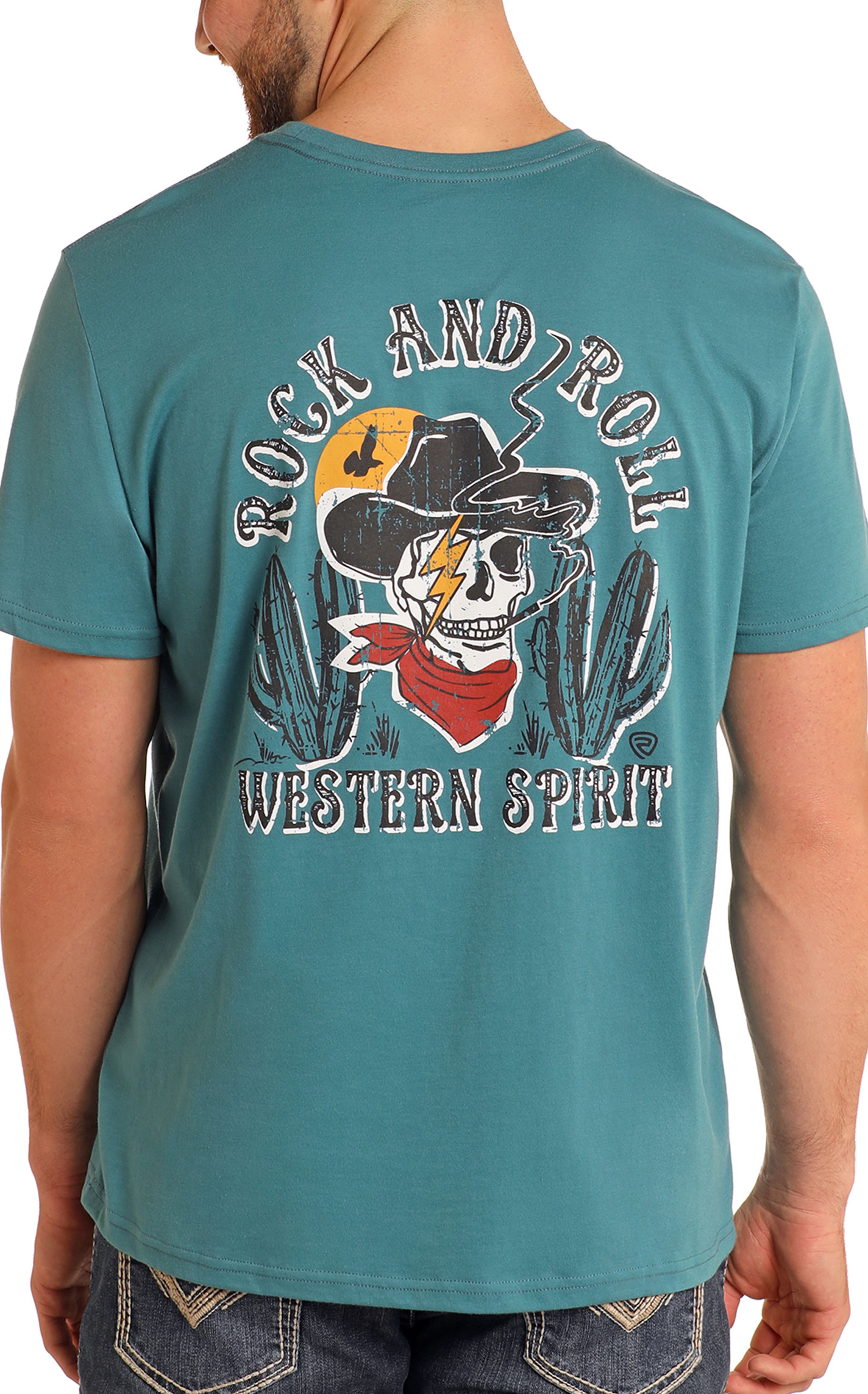Rock & Roll Denim Men's Teal Cowboy Skull Logo Graphic T-Shirt - Image 1