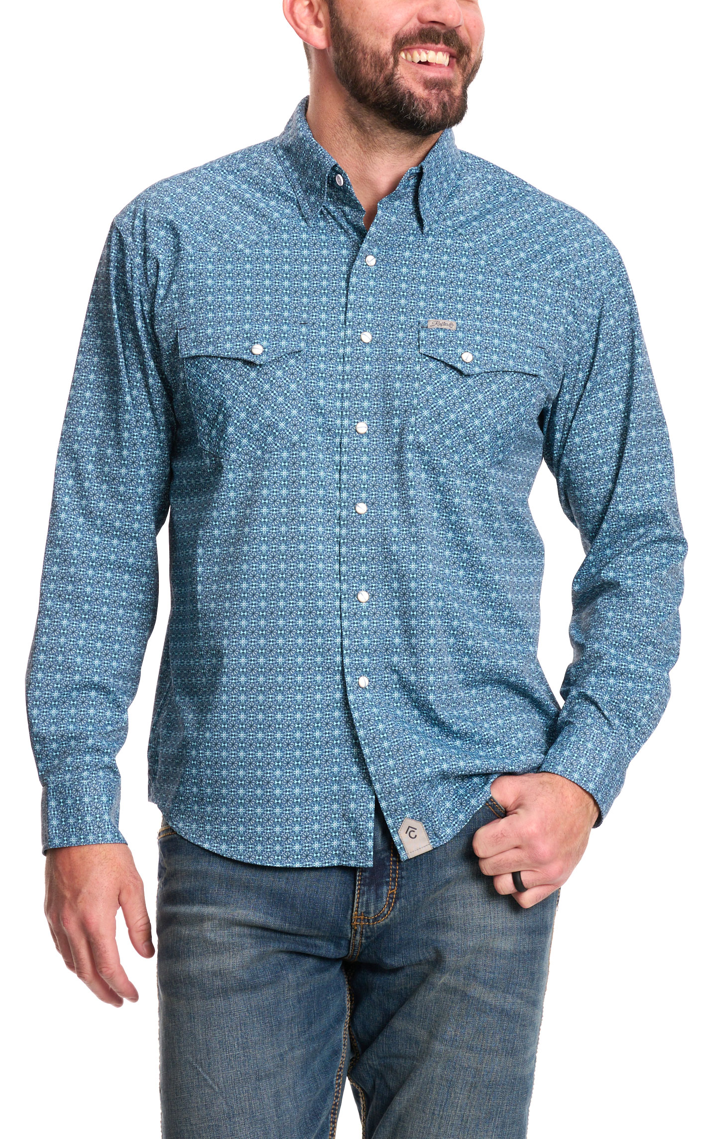 Rafter C Men's ProFlex45 Brilliant Blue Geo Fishing Shirt - Image 1