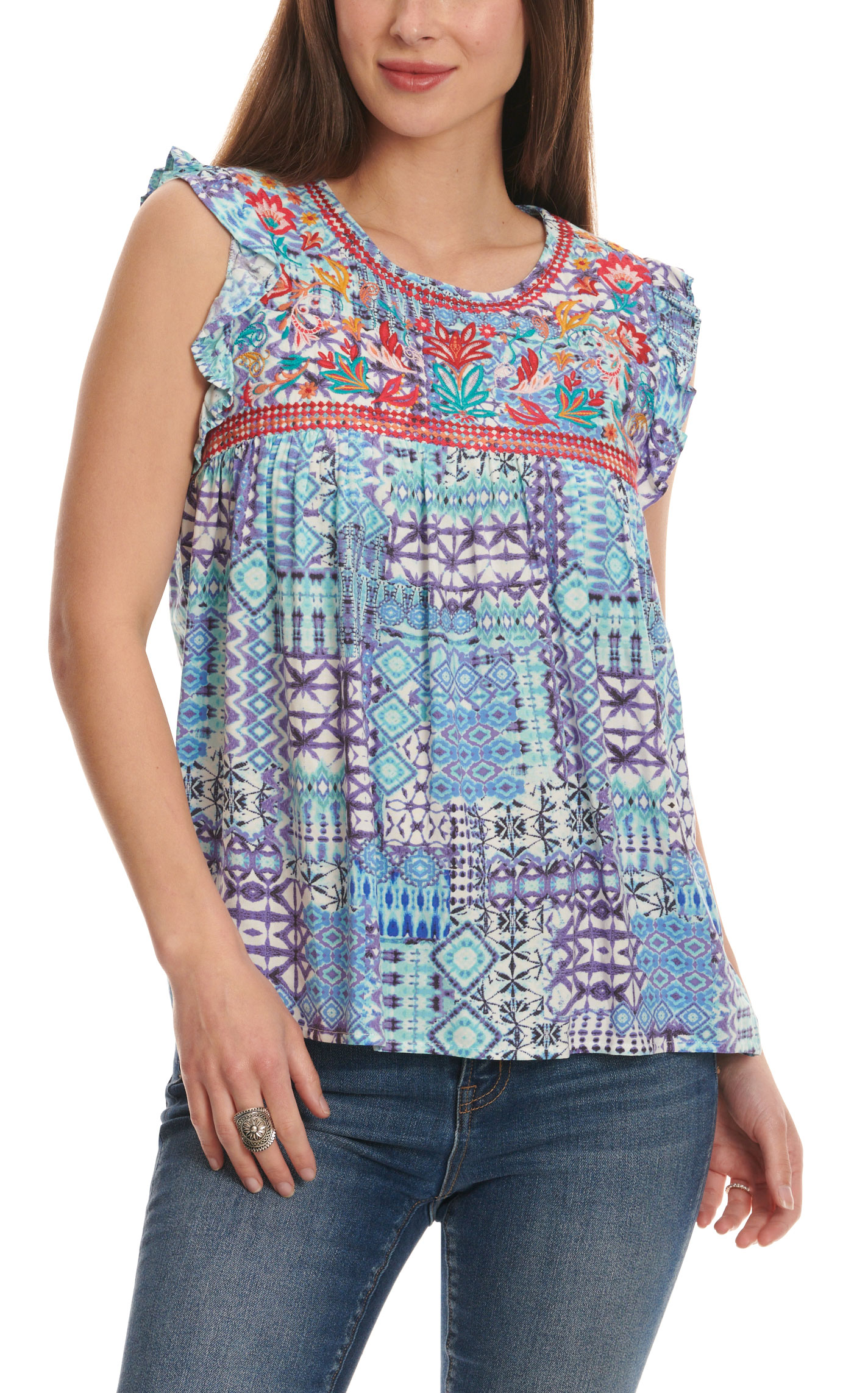 Savanna Jane Women's Purple & Blue Patchwork & Floral Embroidery Top - Image 1