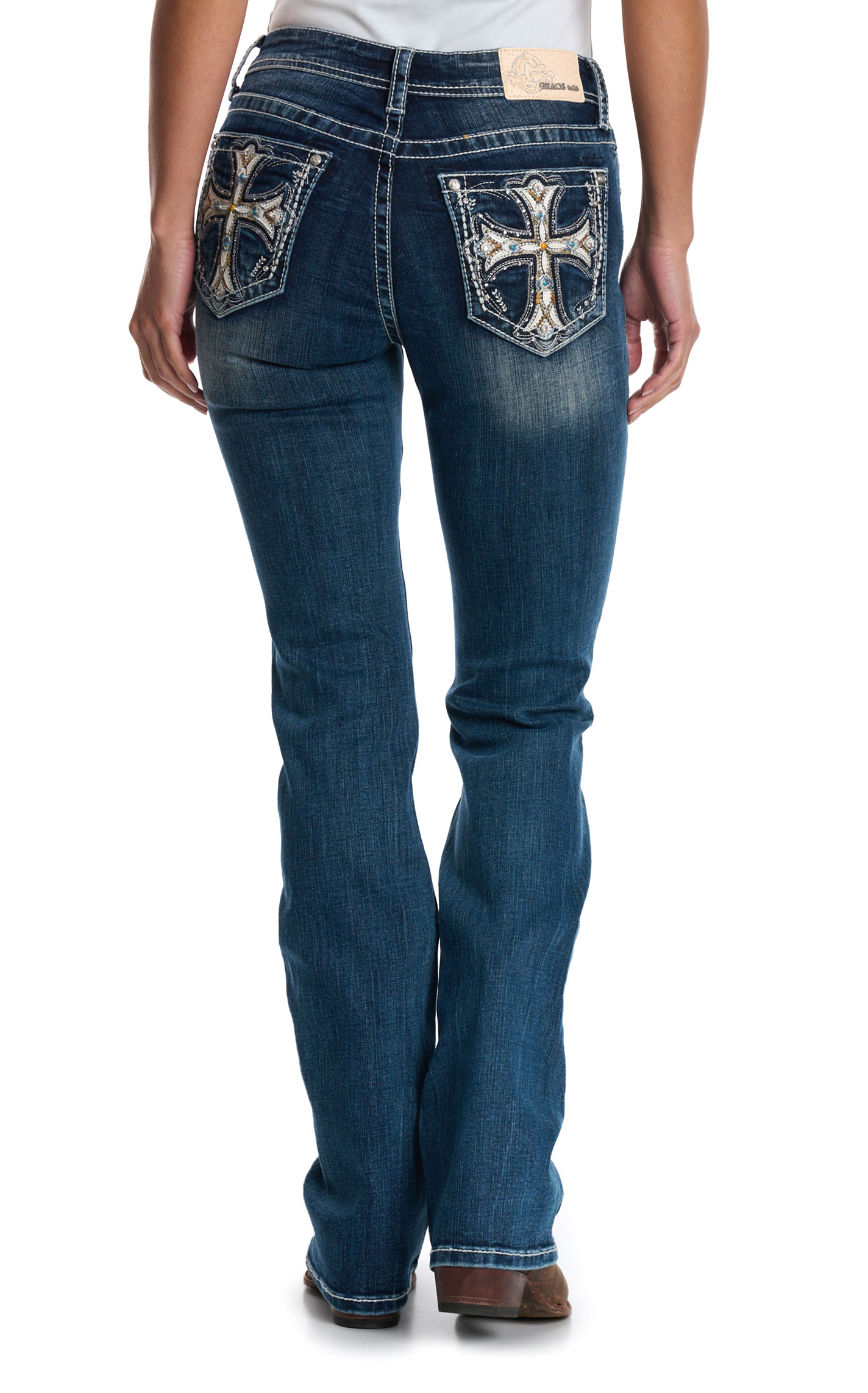 Grace in LA Women's Dark Wash Stained-Glass Cross Jeans - Plus Sizes - Image 1