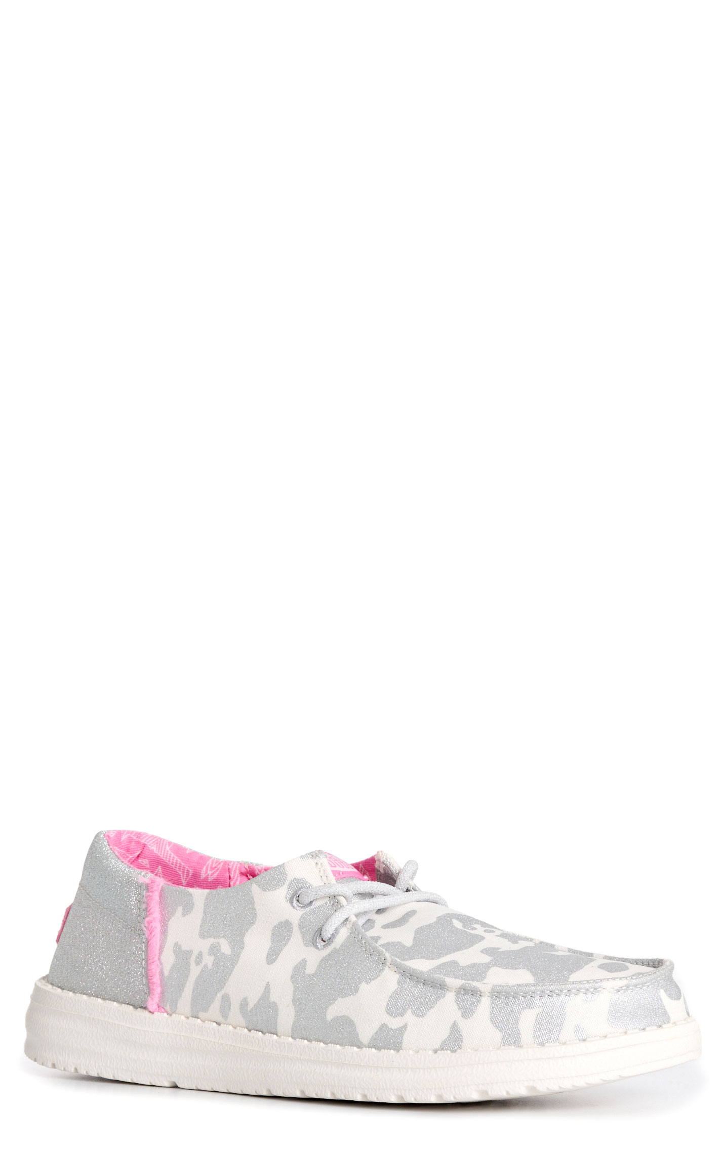 Hey Dude Women’s Wendy Funk Cow White, Silver and Pink Casual Shoes - Image 1
