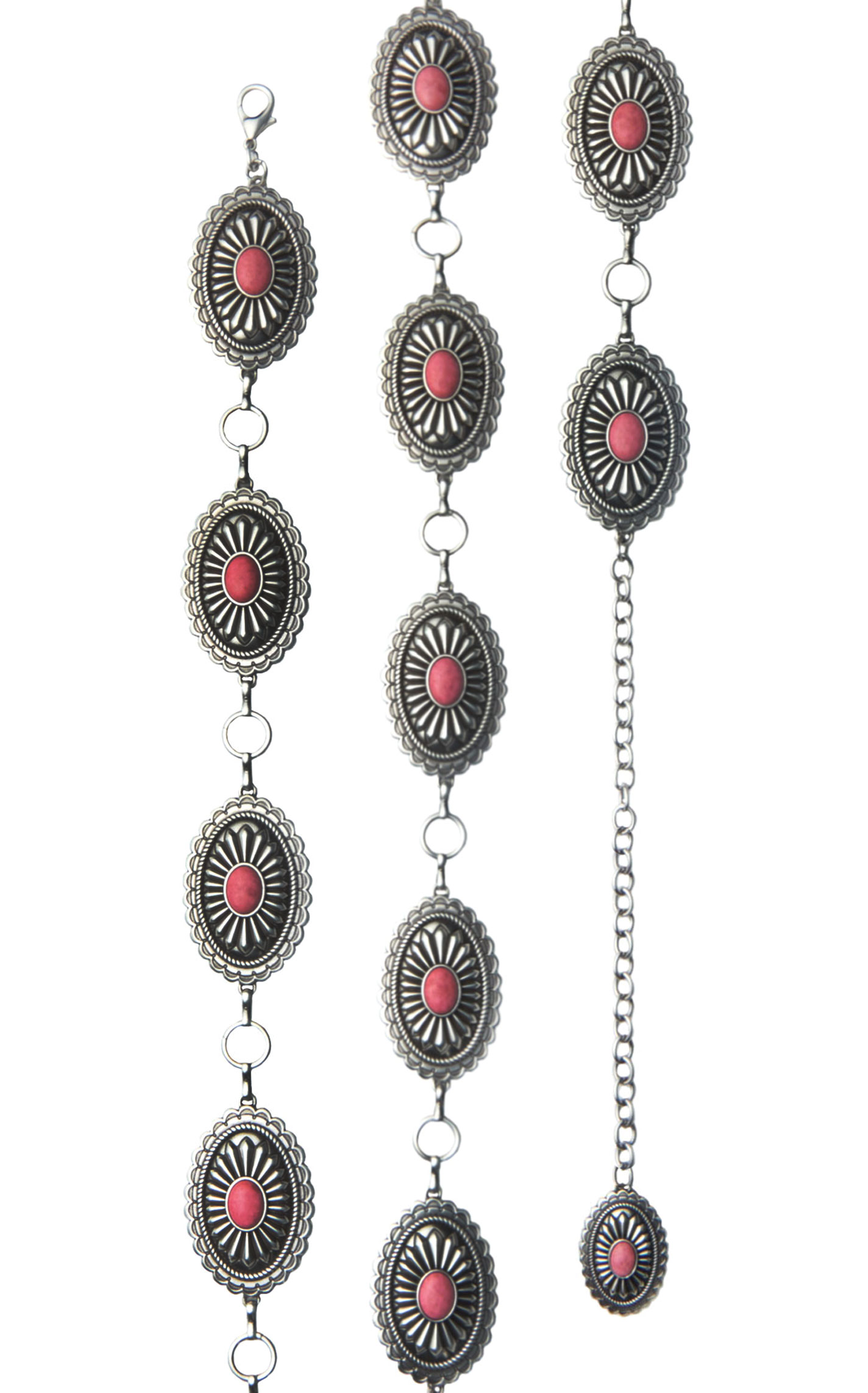 Ariat Women's Etched Silver Oval Rosy Pink Stone Centered Concho Link Chain Belt - Image 1