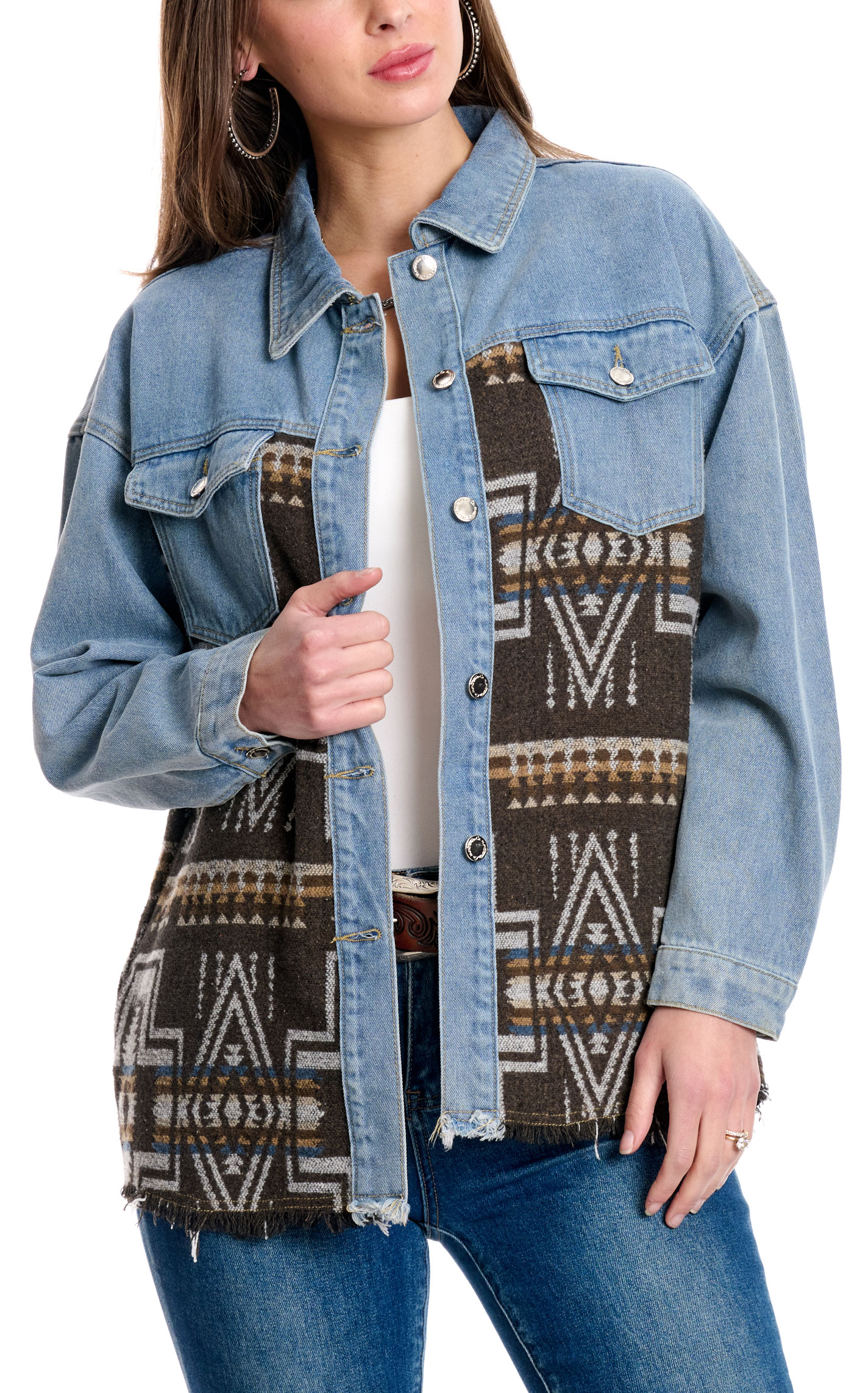 Montana Co. Women's Light Wash Denim & Aztec Blanket Jacket - Image 1