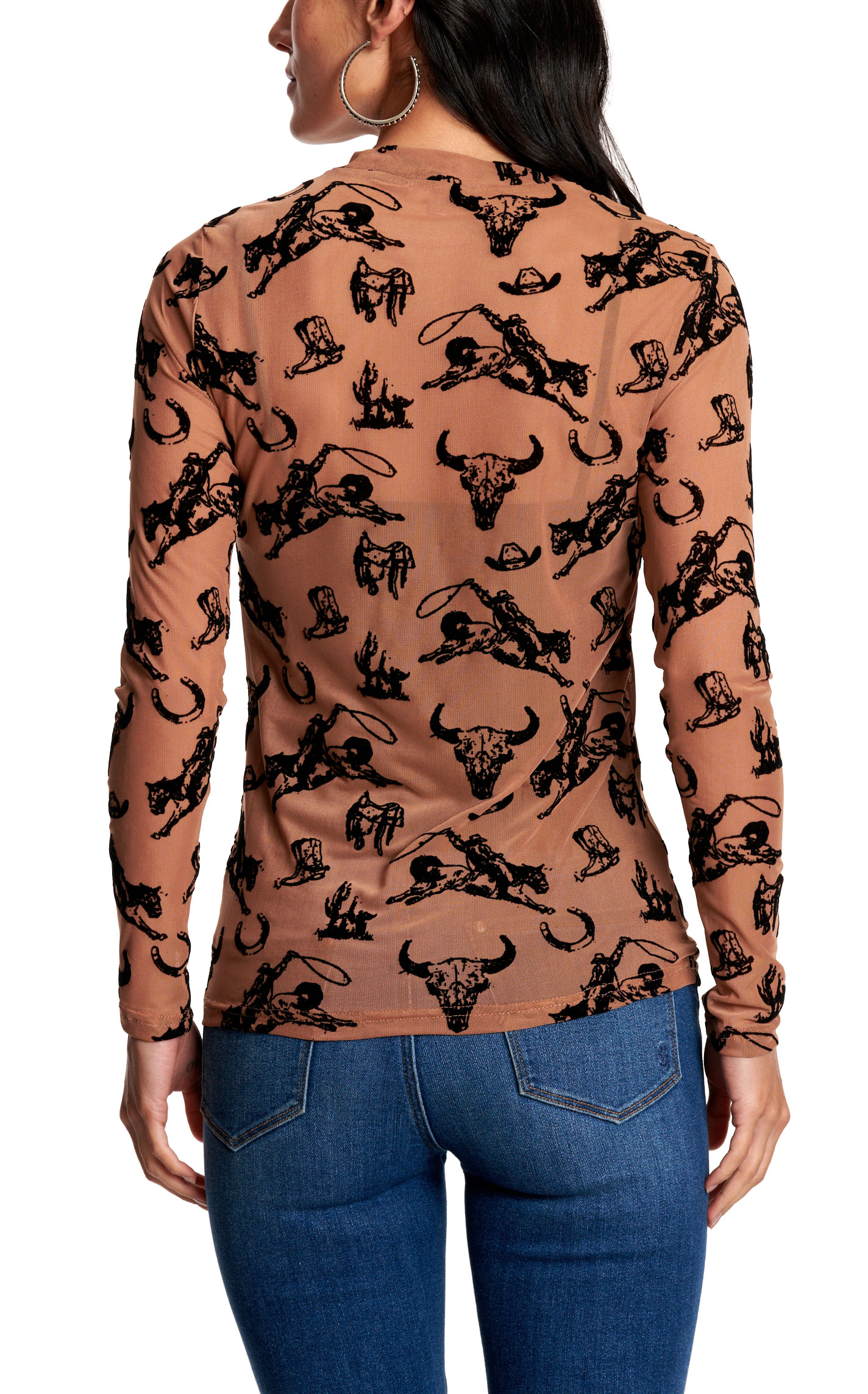 Merigold Kiss Women’s Brown Ropin’ Cowboy Print Mesh Shirt - Image 2