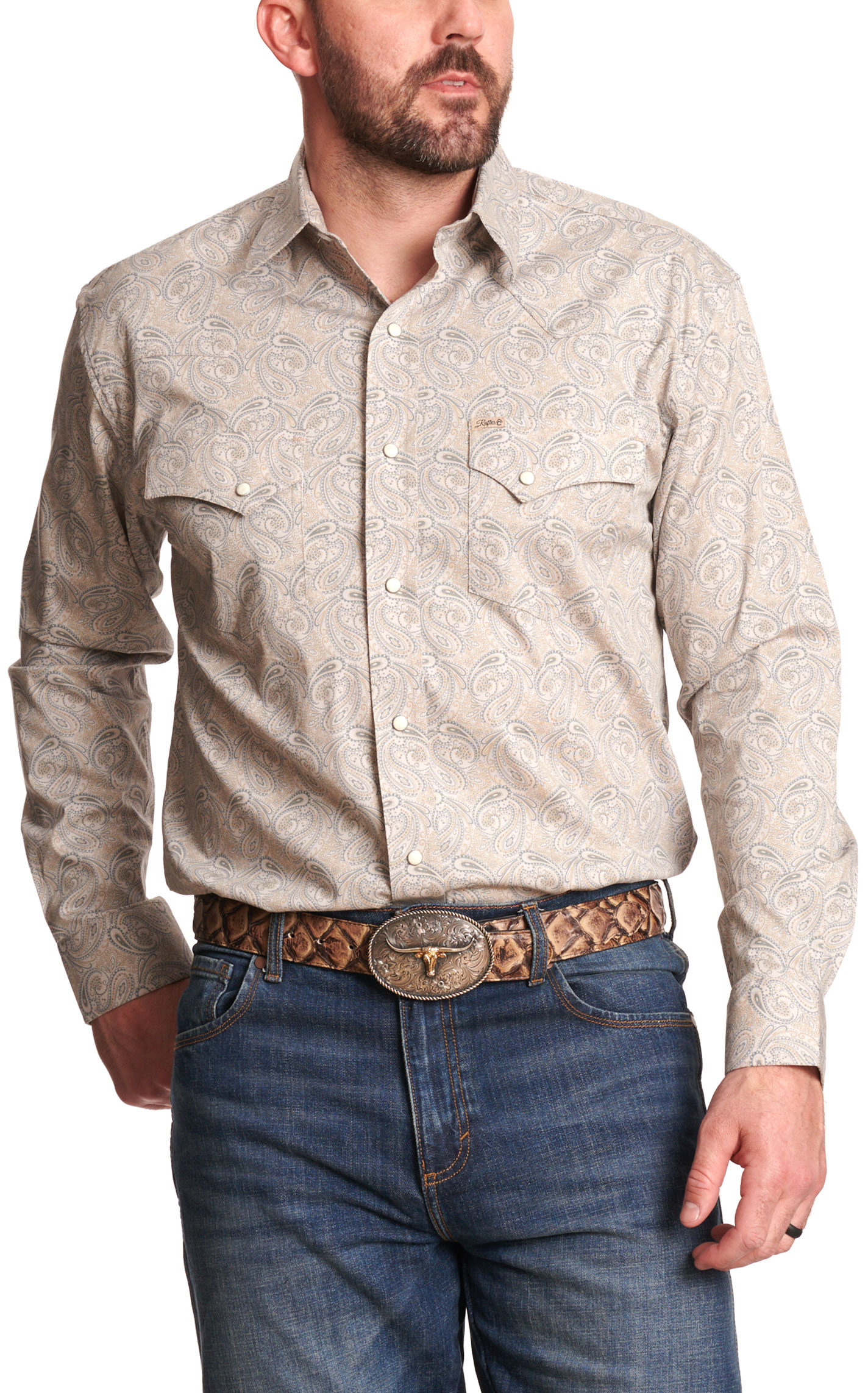 Rafter C Men's Gray Paisley Print Western Shirt - Image 2