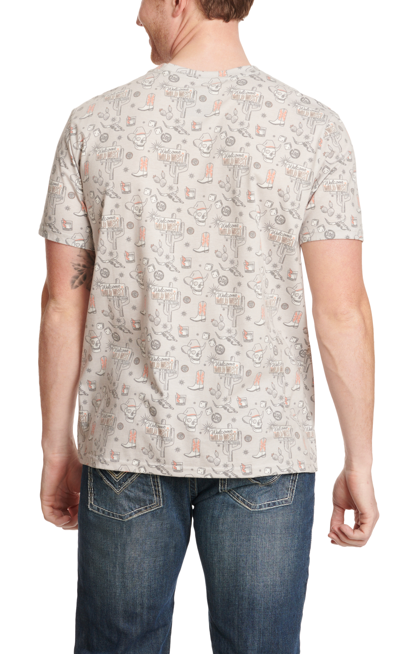 Rock & Roll Denim Men's Gray & Orange All-Over Western Tattoo Print Short Sleeve T-Shirt - Image 1
