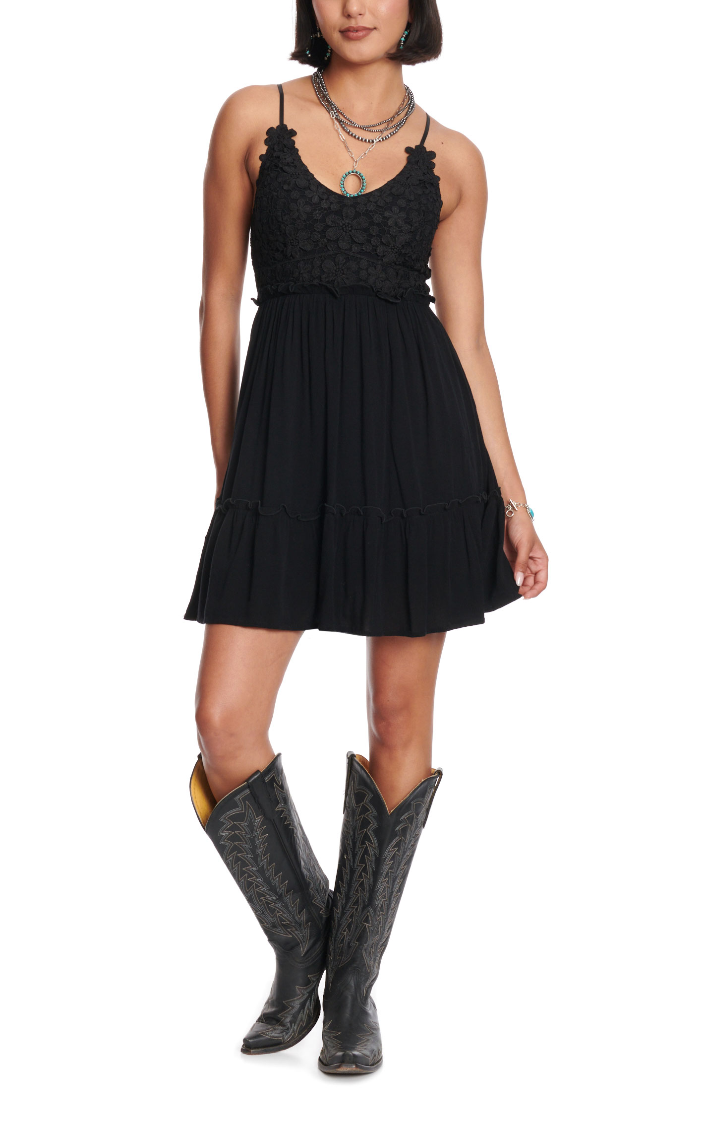 Blue B Women's Black Floral Lace Crochet Tiered Dress - Image 1