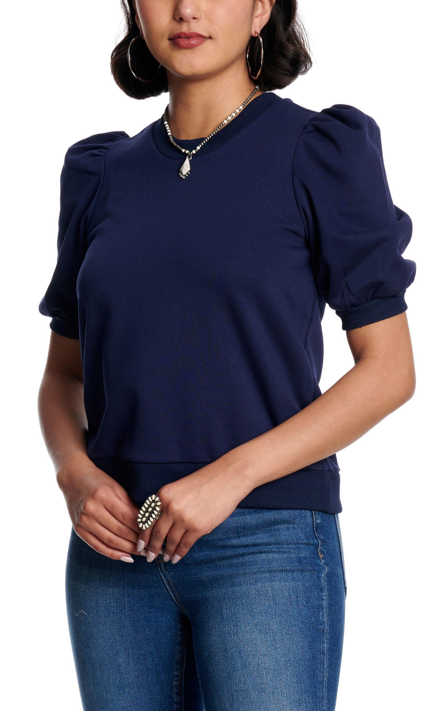 TCEC Women's Navy Puff Sleeve Knit Top - Image 1