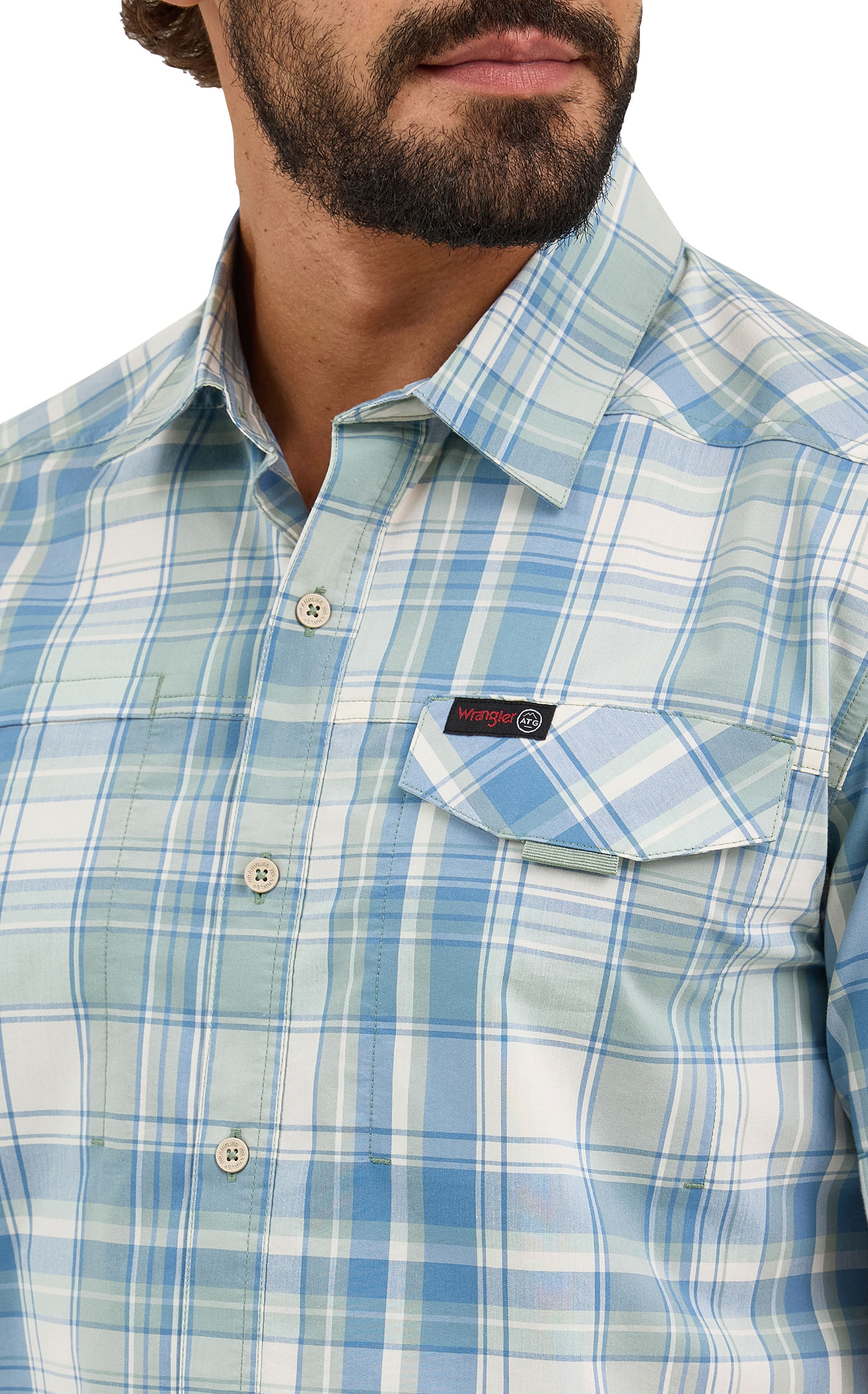 Wrangler ATG Men's Green Blue Plaid Western Shirt - Image 1