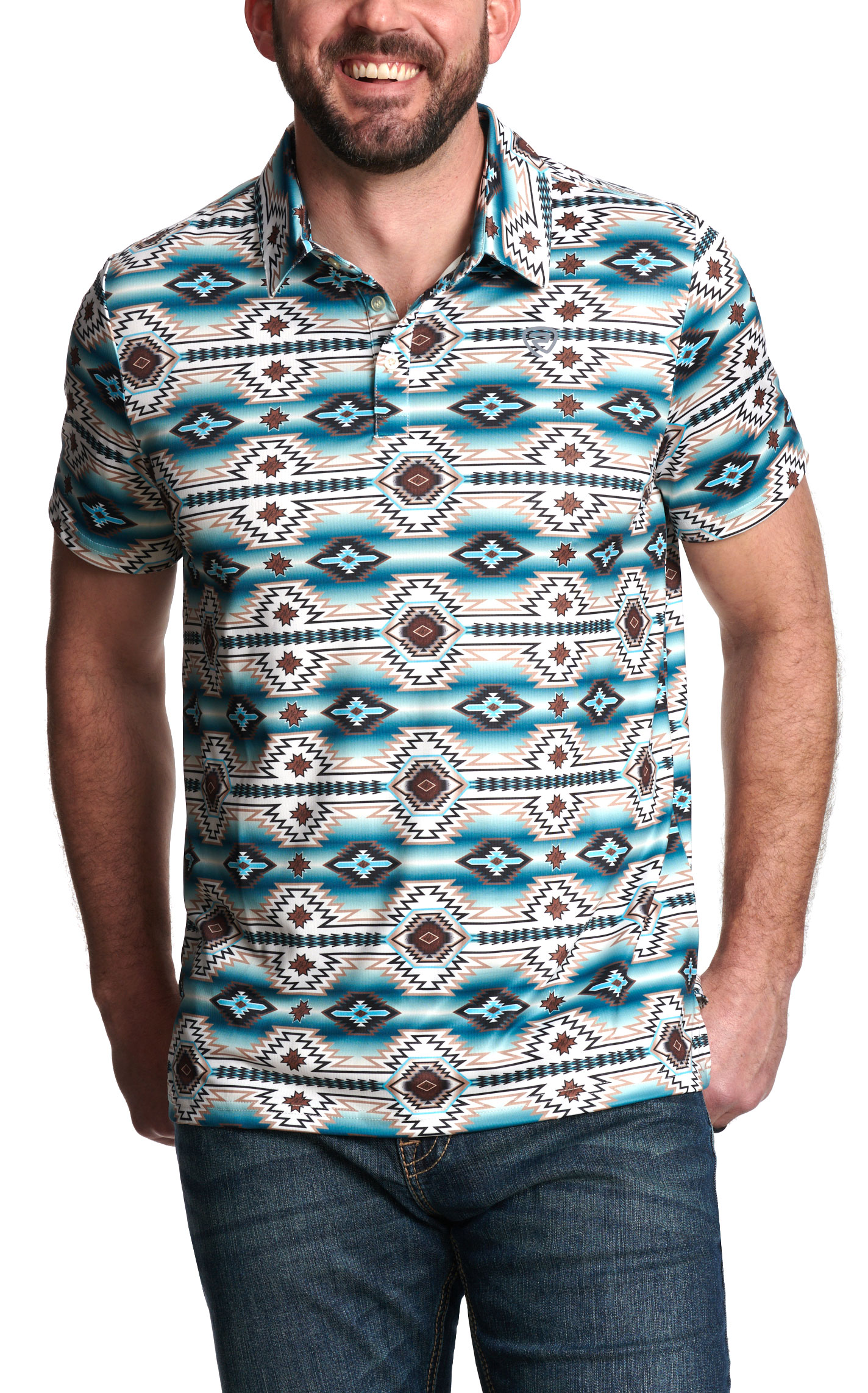 Rock & Roll Denim Men's Turquoise & Coffee Aztec Print Polo - Image 1