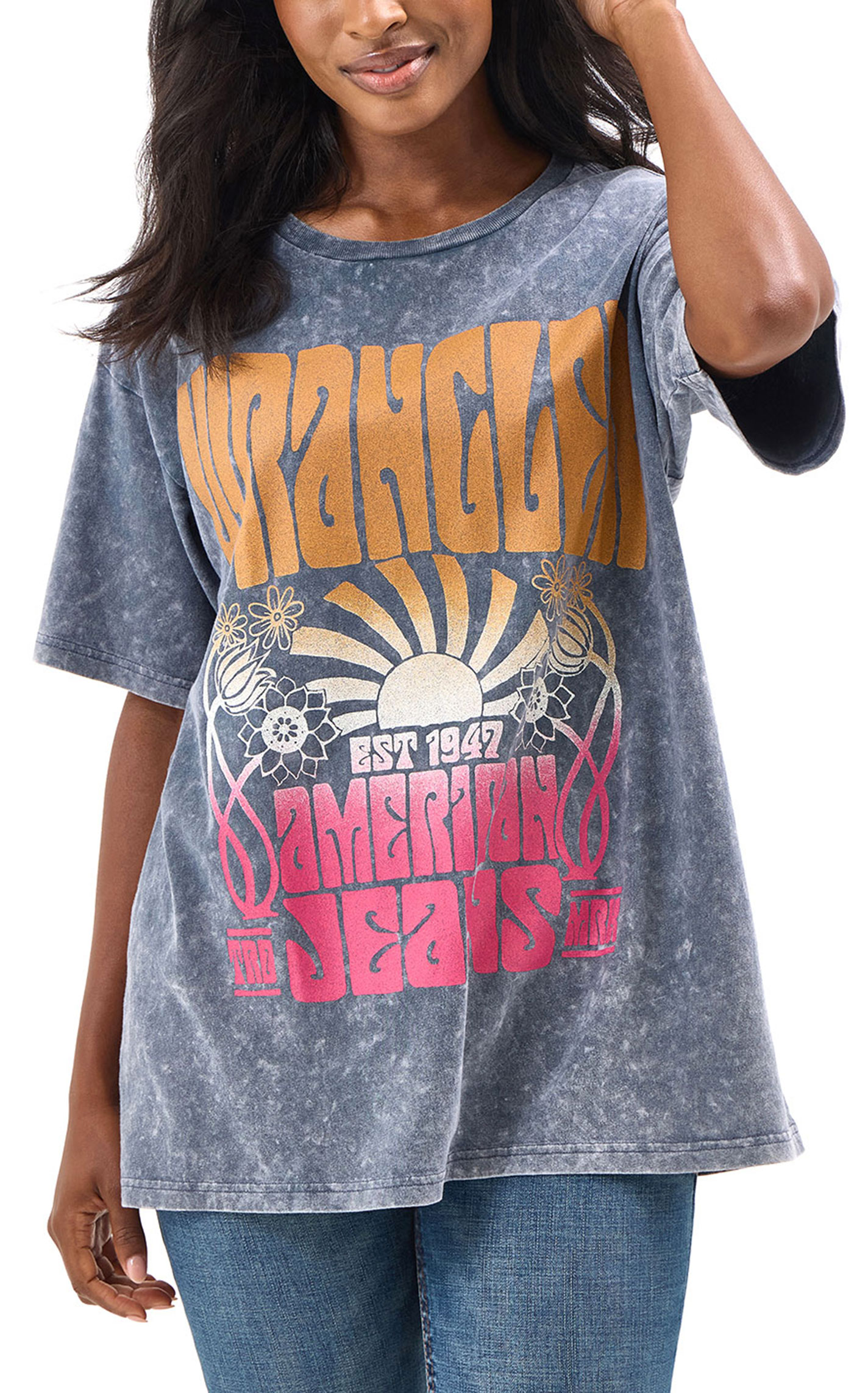 Wrangler Women's Gray Sunshine & Flowers Logo Graphic T-Shirt - Image 1