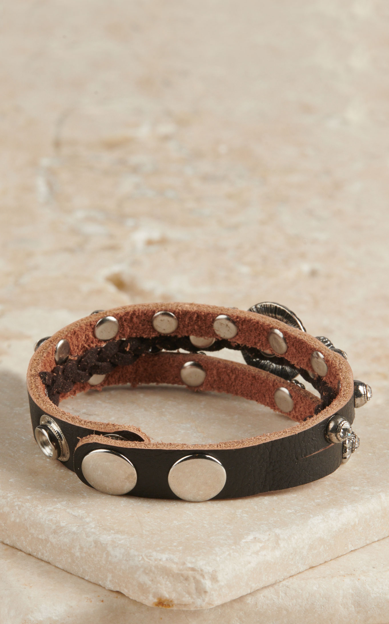 Cowgirl Confetti Leather 3 Split with Silver Turquoise and Crystal Concho Accents Bracelet - Image 1