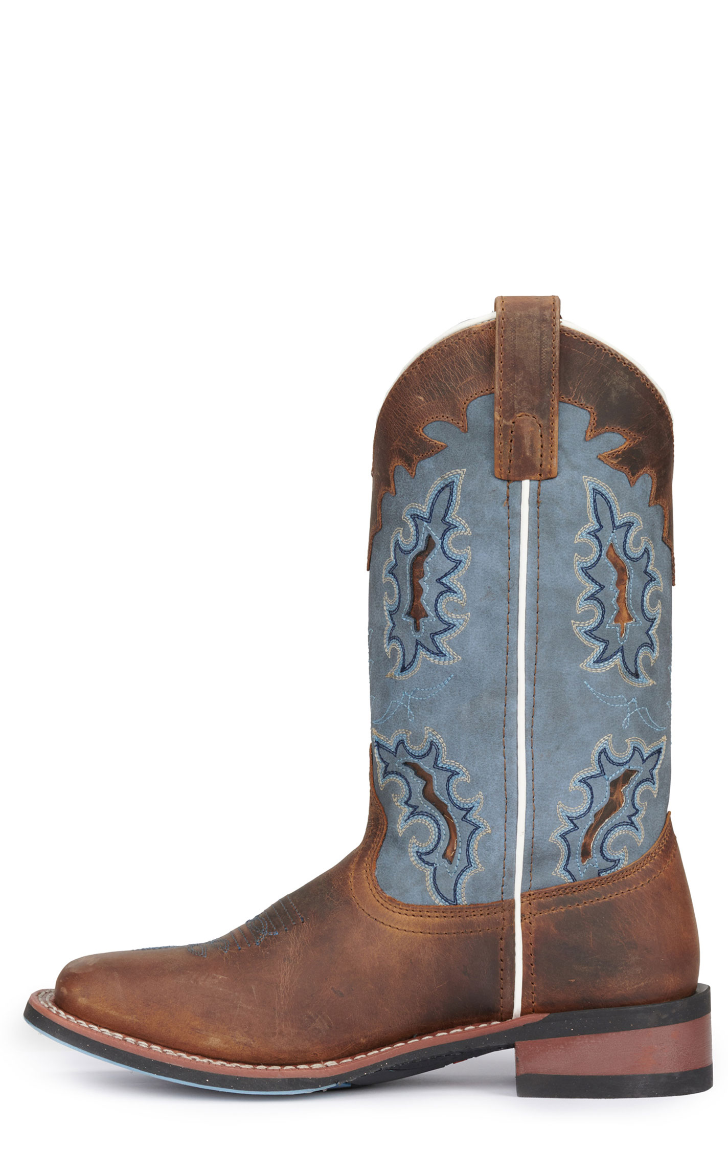 Laredo Women's Isla Tan Distressed Leather with Blue Denim Top Square Toe Cowboy Boots - Image 1