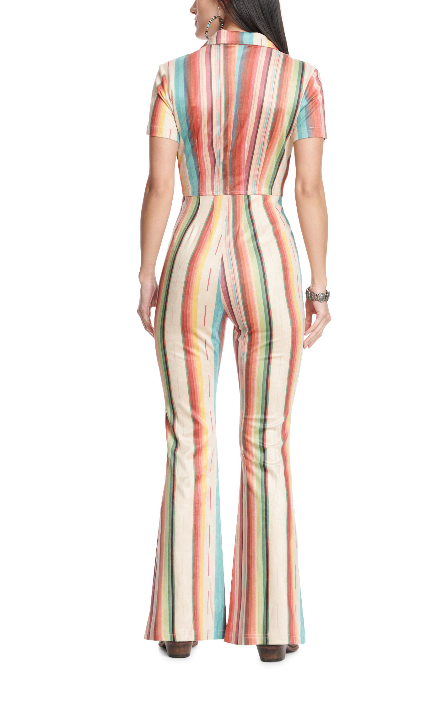 Fashion Express Women's Toasted Sand & Colorful Serape Faux Suede Short Sleeve Flare Leg Jumpsuit - Image 1