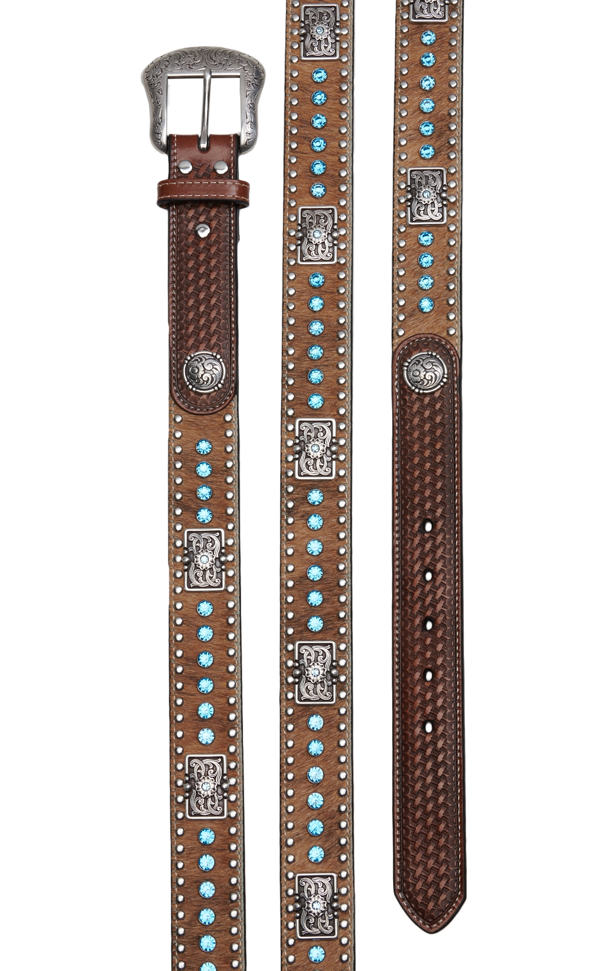 Nocona Men's Brown with Hair and Blue Crystals Concho Western Belt - Image 1