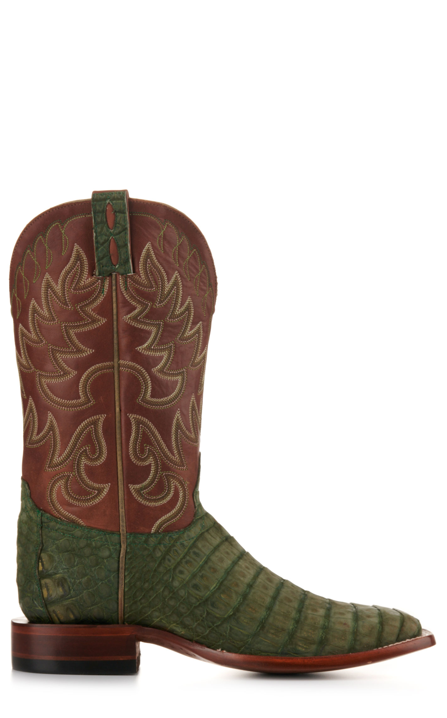 Cavender's Men's Brown and Green Sueded Caiman Wide Square Toe Exotic Cowboy Boots - Image 1