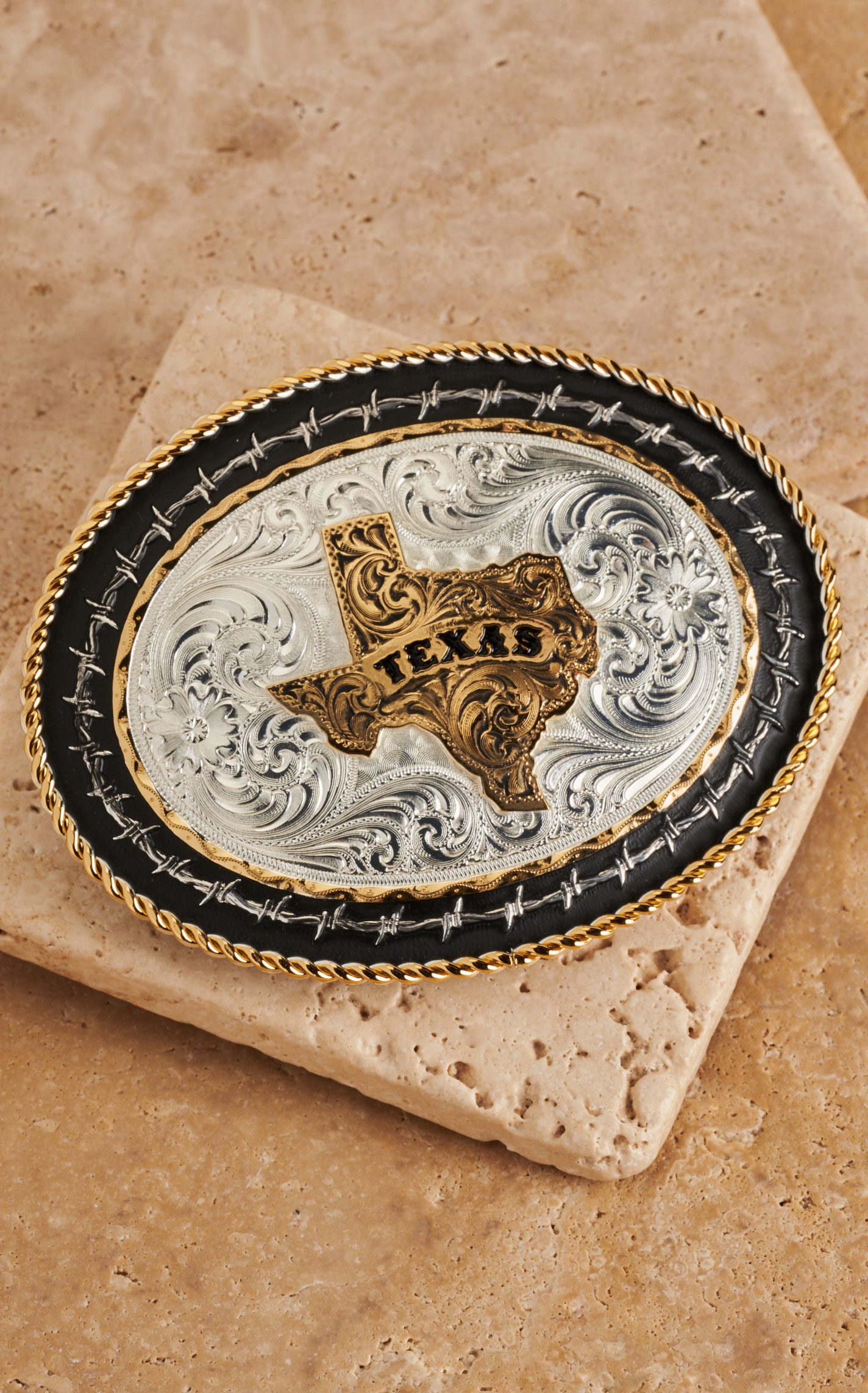 Montana Silversmiths  Silver with Barbed Wire and Gold Texas Oval Belt Buckle - Image 1