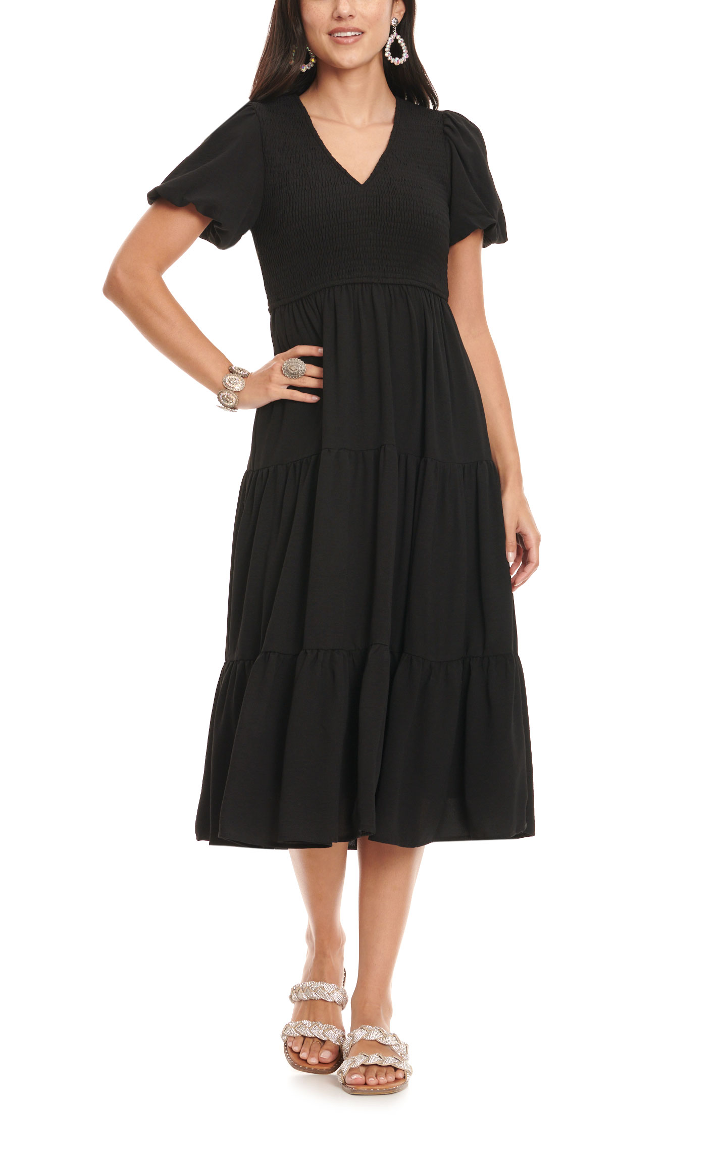 TCEC Women's Black Smocked V-Neck Short Puff Sleeve Tiered Dress - Image 1