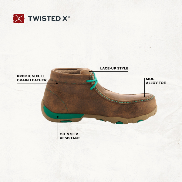 Twisted X Women's Brown Bomber with Turquoise Laces Chukka Driving Moc Alloy Toe Work Shoe - Image 1