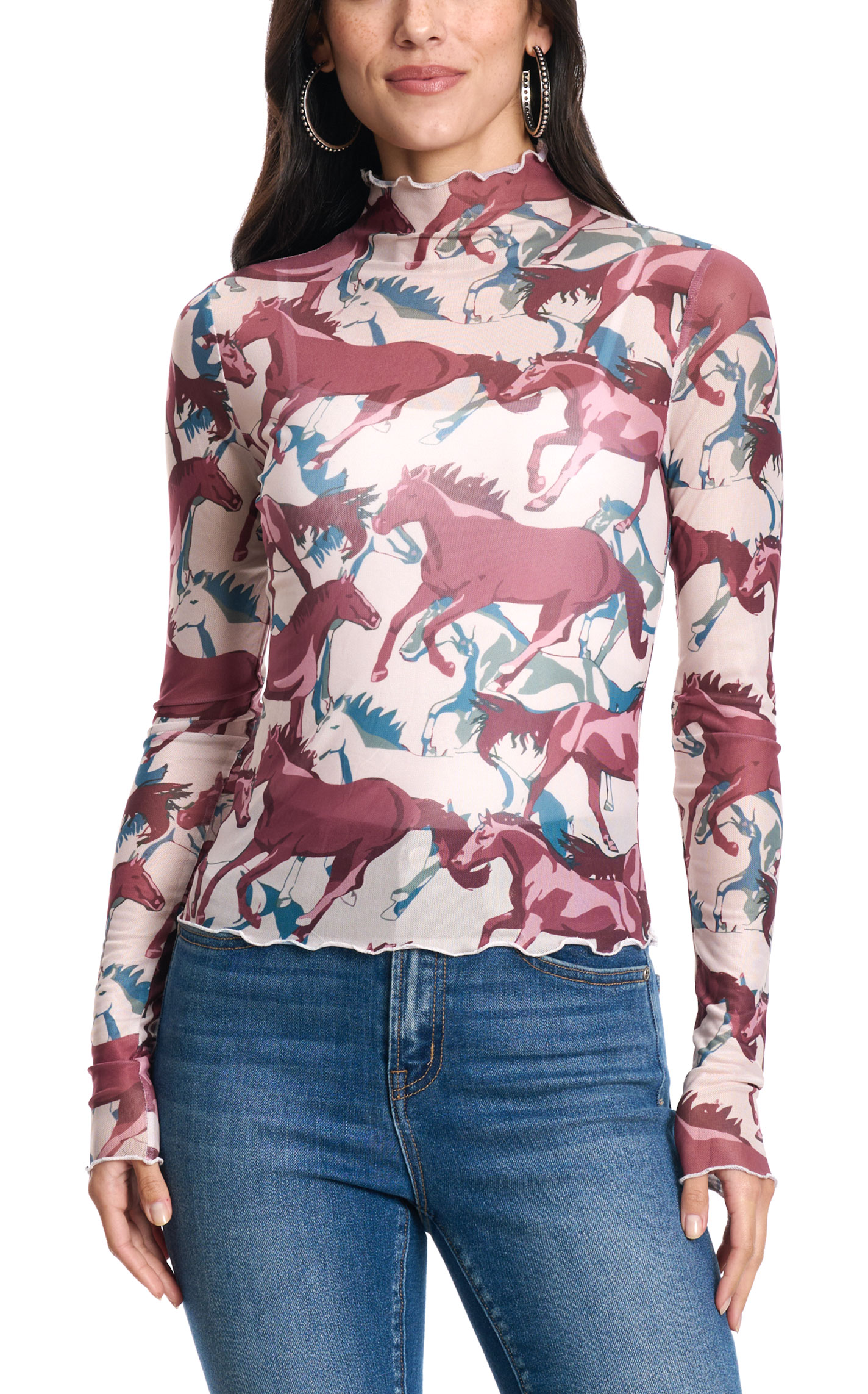 Rockin' C Women's Cream & Roan Horse Print Mesh Top - Image 1