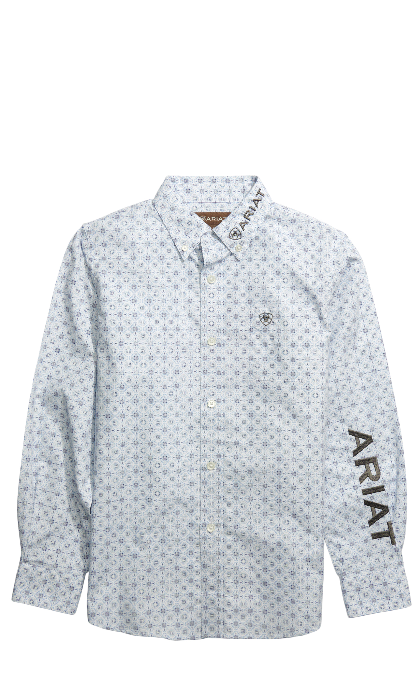 Ariat Boy's Team Kody Cornflower & Black Geo Print Logo Western Shirt - Image 1