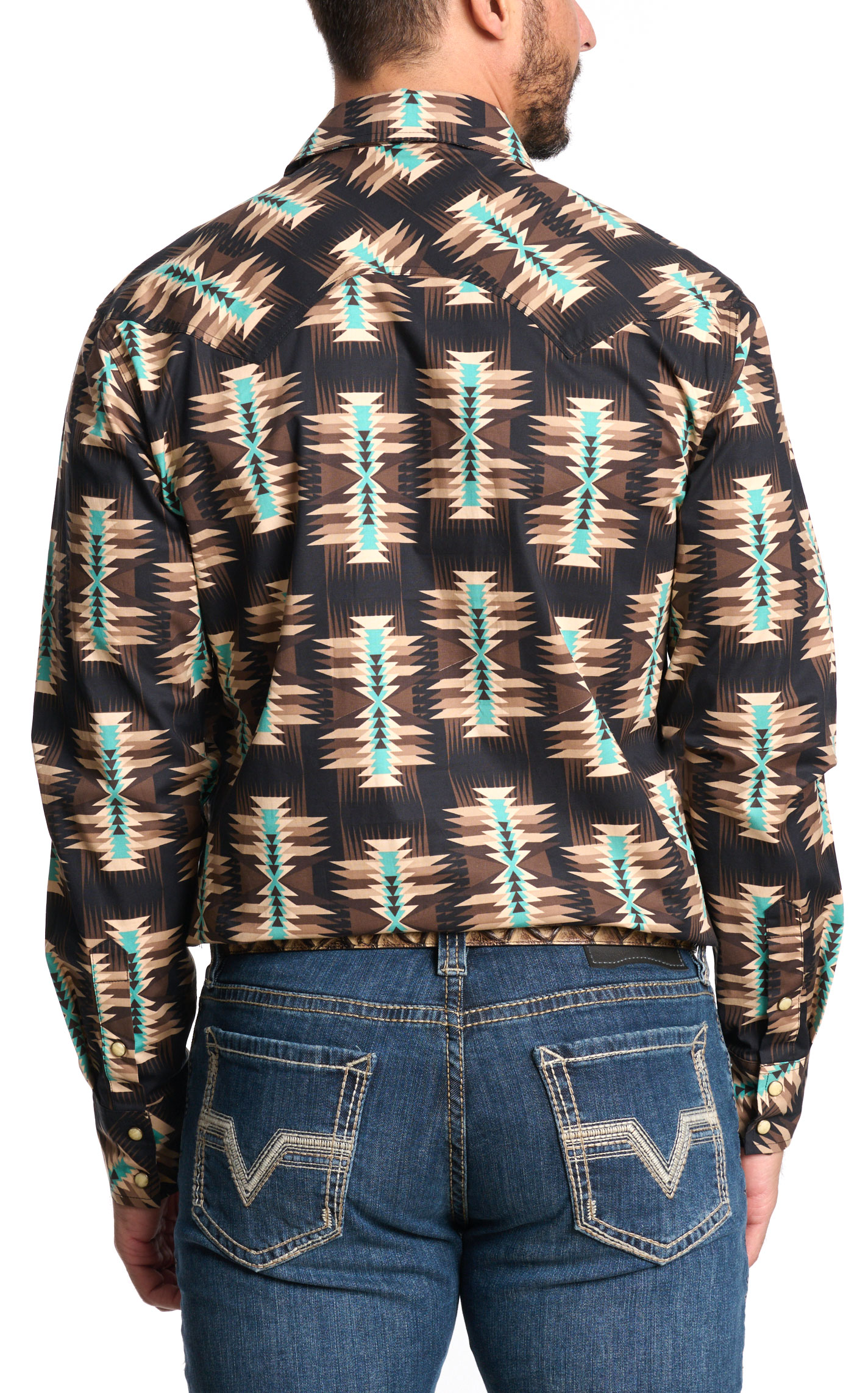 Rock & Roll Denim & Dale Brisby Men's Coffee & Sea Aztec Western Shirt - Image 1