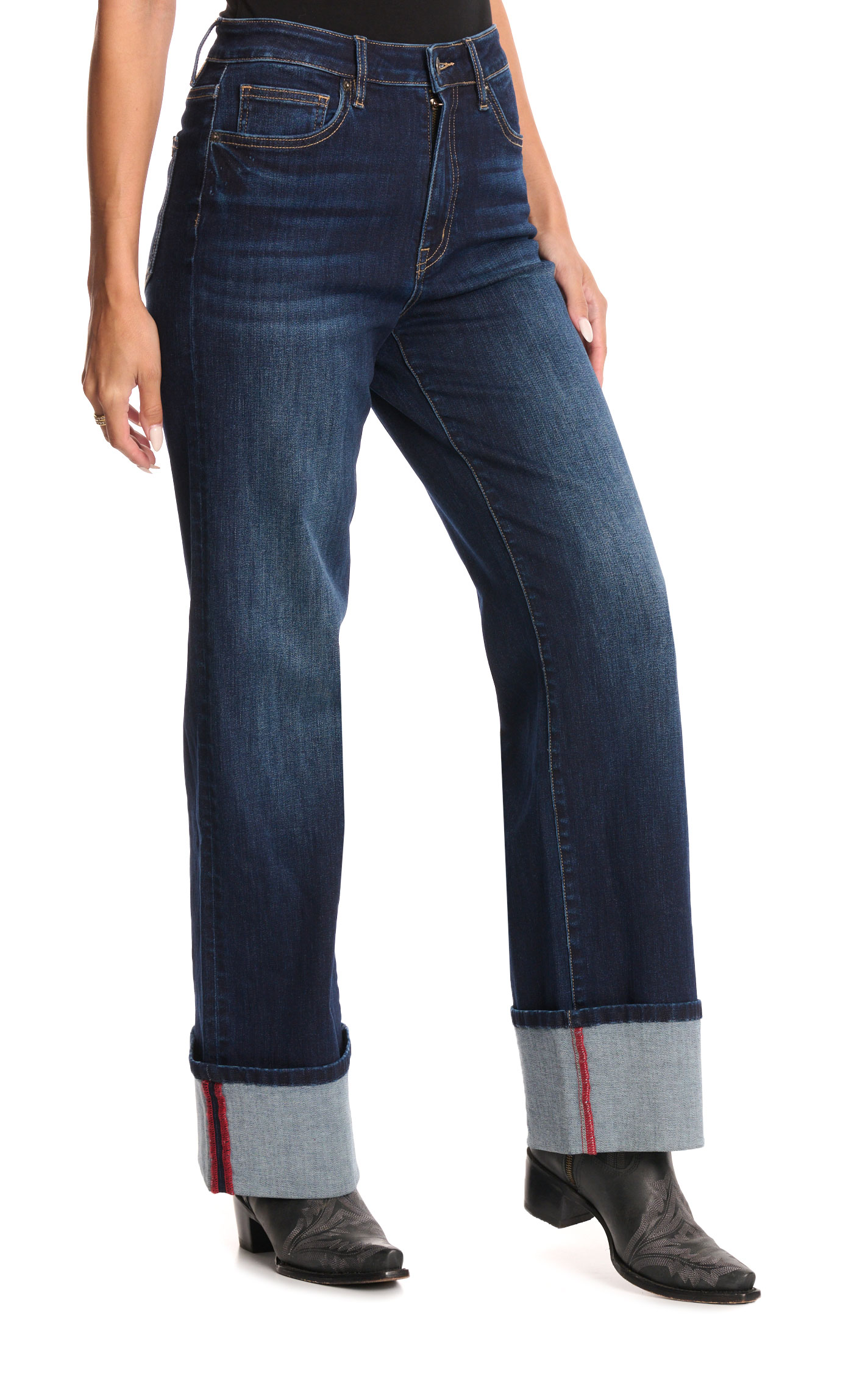 Rockin C Dark Wash High Rise Contrast Seam Wide Leg Cuffed Jean - Image 1