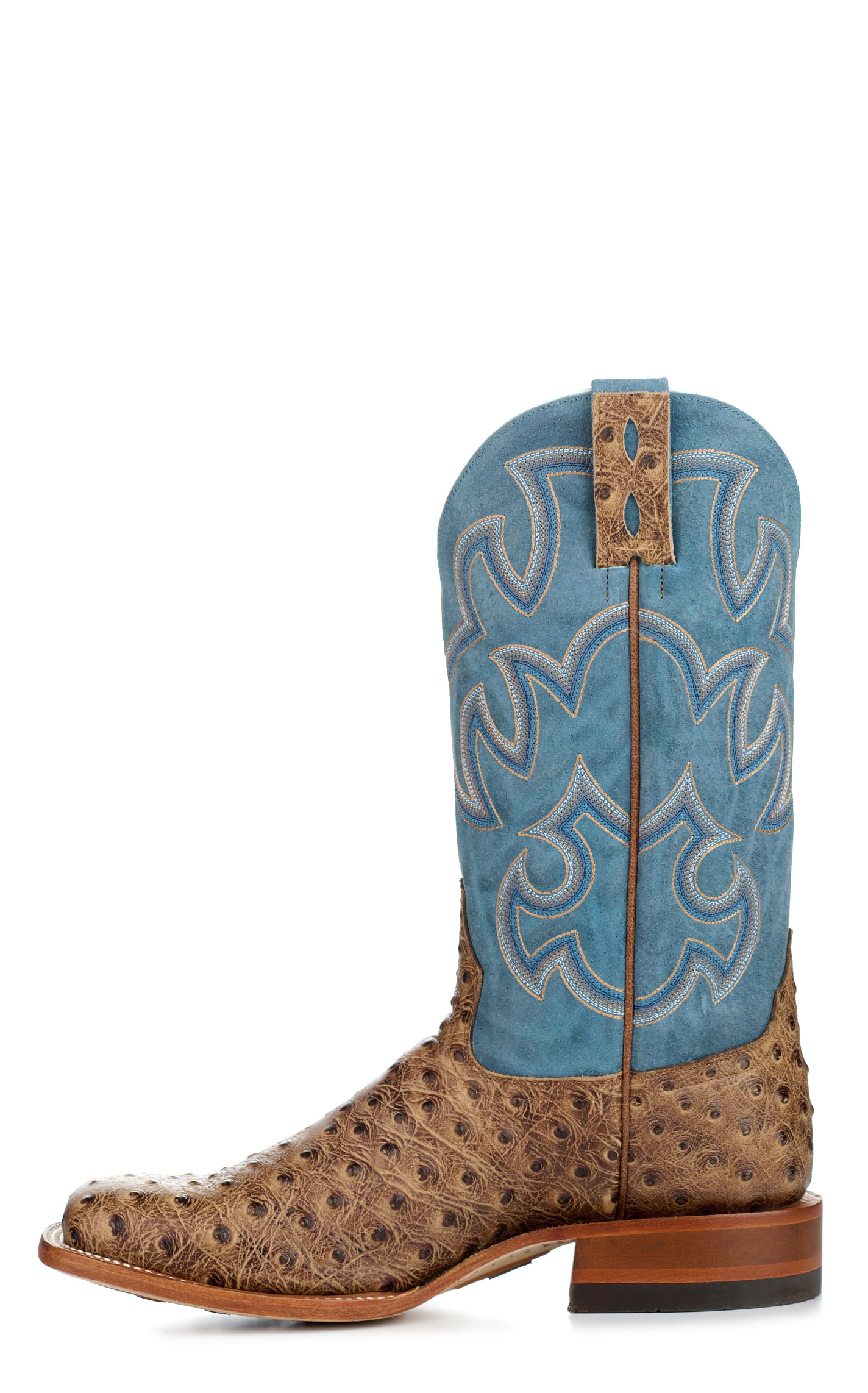 Cavender's Men's Endurance Blue and Sand Ostrich Print Wide Square Toe Cowboy Boots - Image 1
