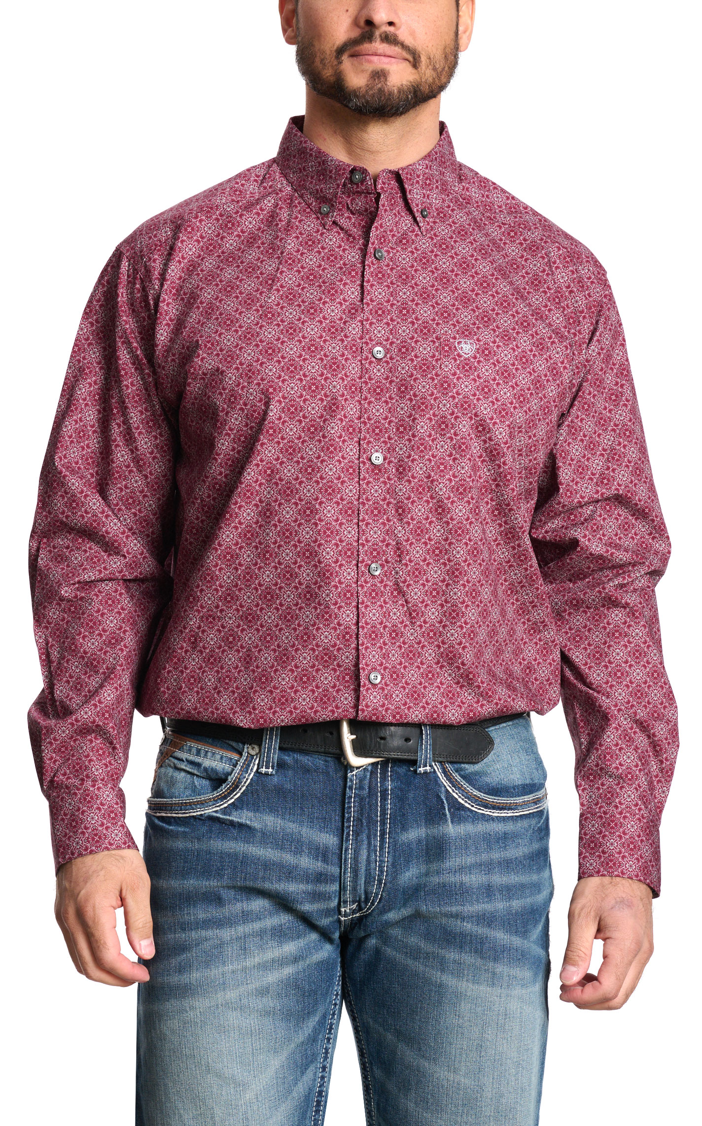 Ariat Men's Wyatt Wine & Gray Geo Print Western Shirt - Image 1