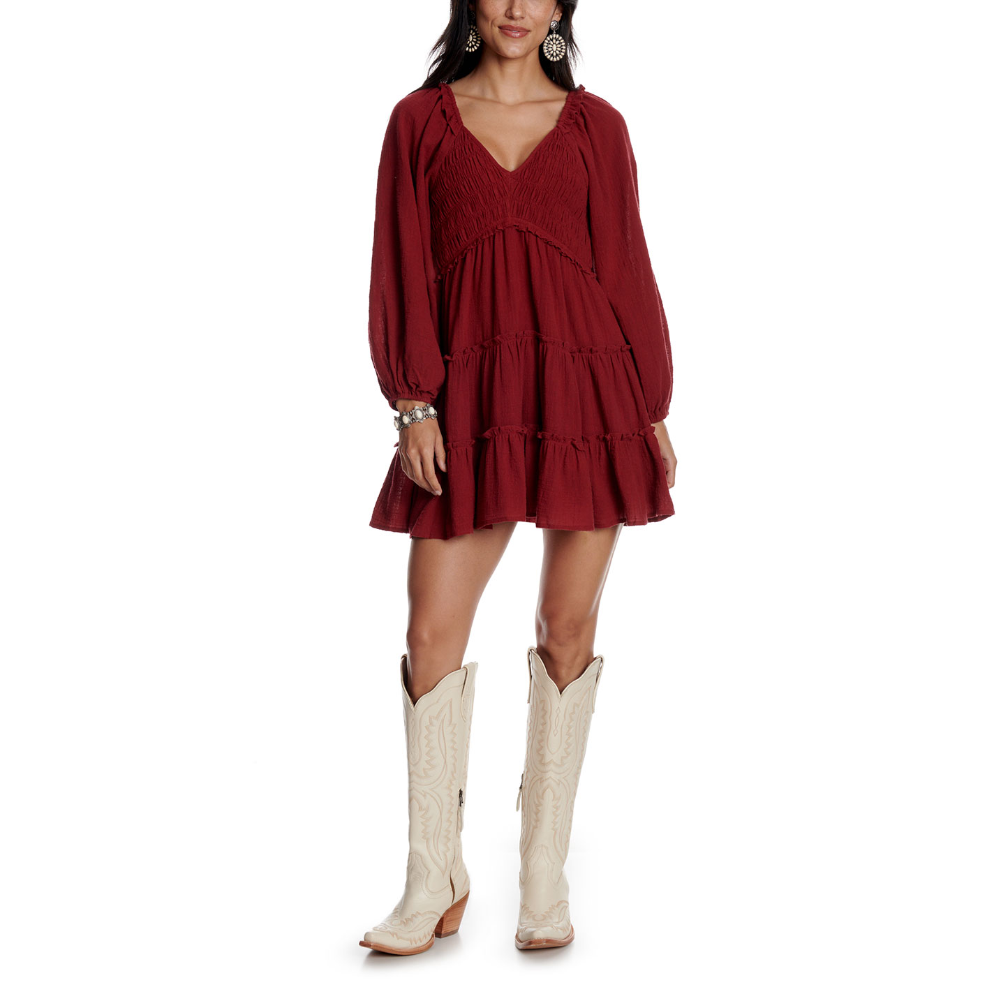 Yura Women's Burgundy Smock Top Tiered Ruffle Dress - Image 1