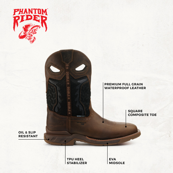 Double H Men's Phantom Rider Zenon Brown and Black Waterproof Wide Square Composite Toe Work Boots - Image 1