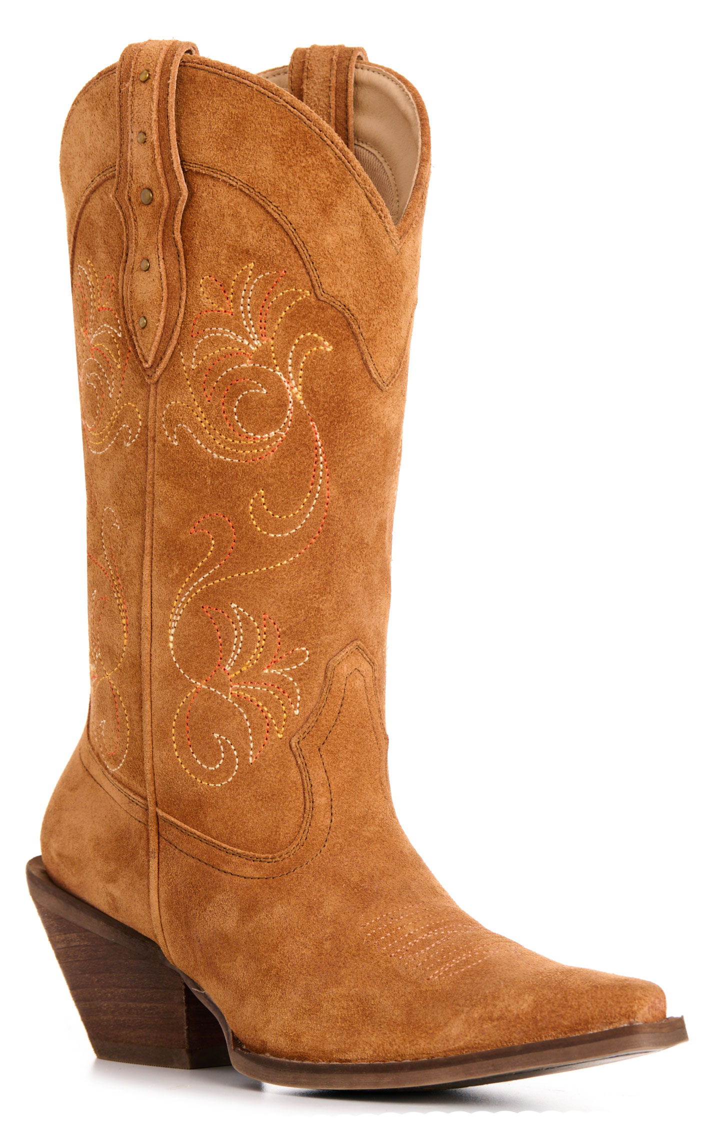 Rockin C Women’s Nut with Floral Embroidery and Stud Accents Suede Snip Toe Cowboy Boots - Image 1