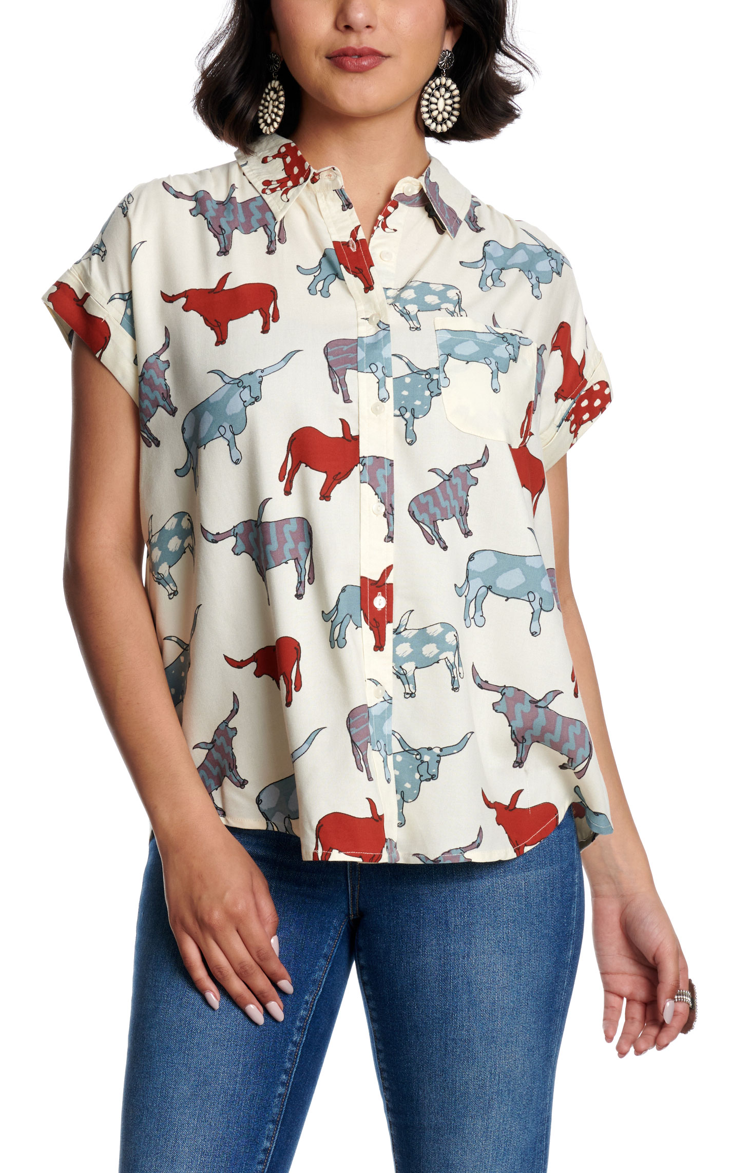 Cotton & Rye Women's Arty Longhorn Ivory Print Top - Image 1