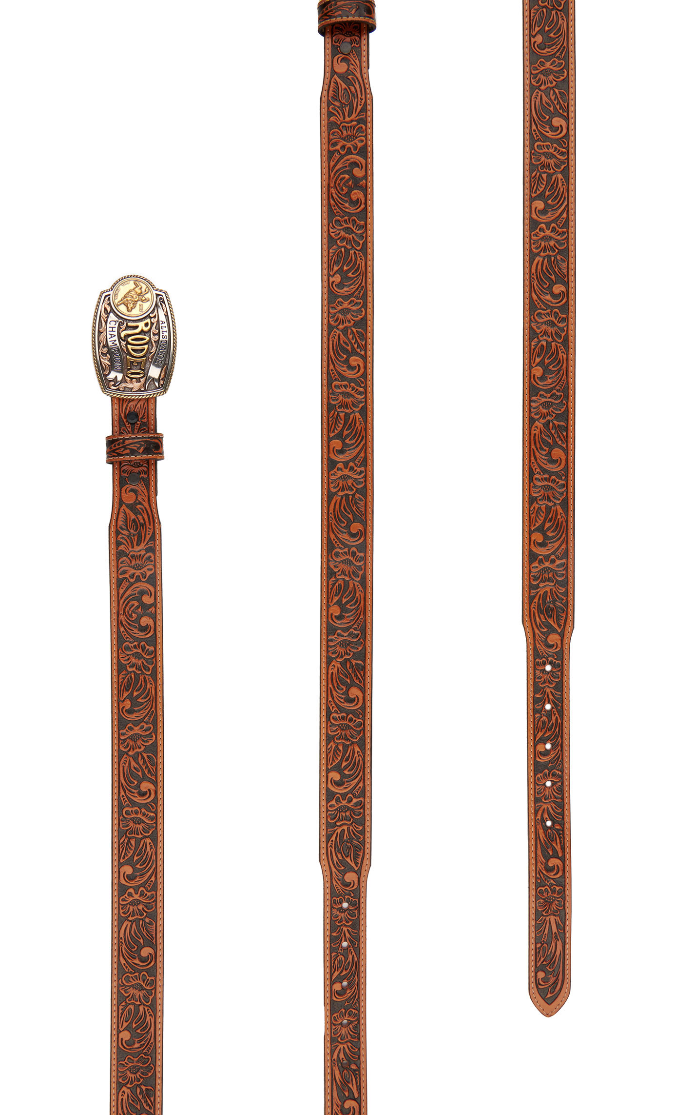 Tony Lama Kids' Brown with Rodeo Champion Buckle Tooled Belt - Image 1