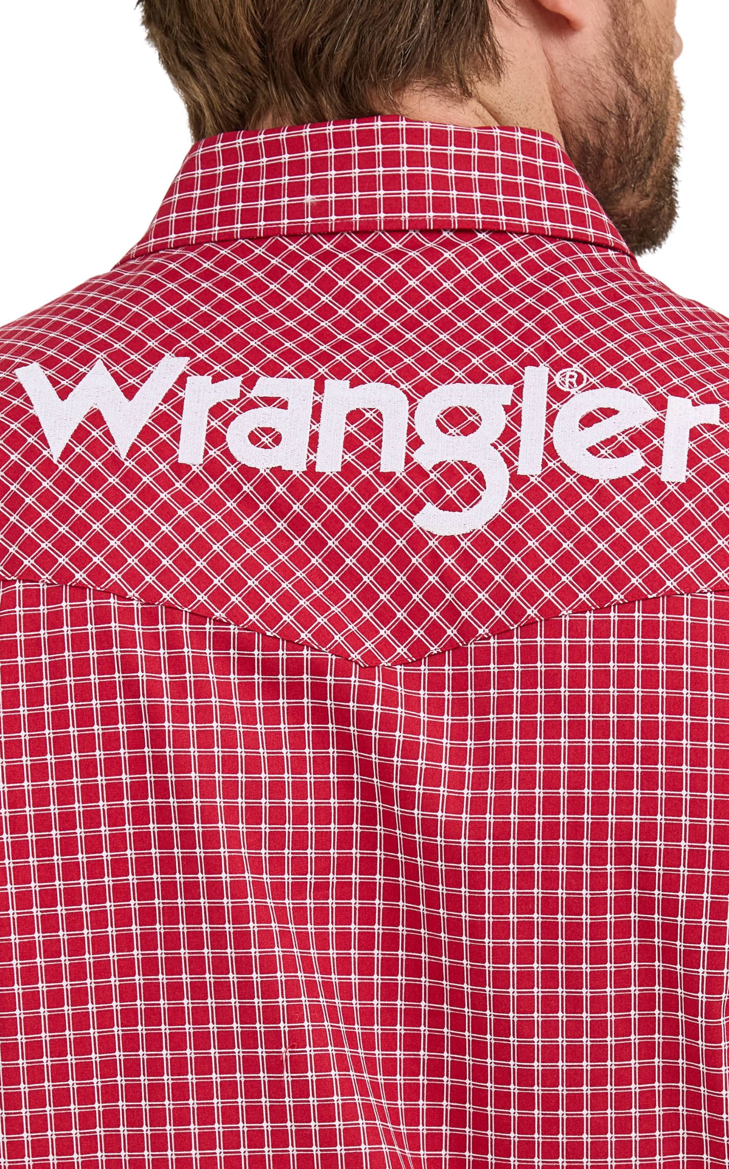 Wrangler Men's Red Plaid Embroidered Logo Western Shirt - Image 1