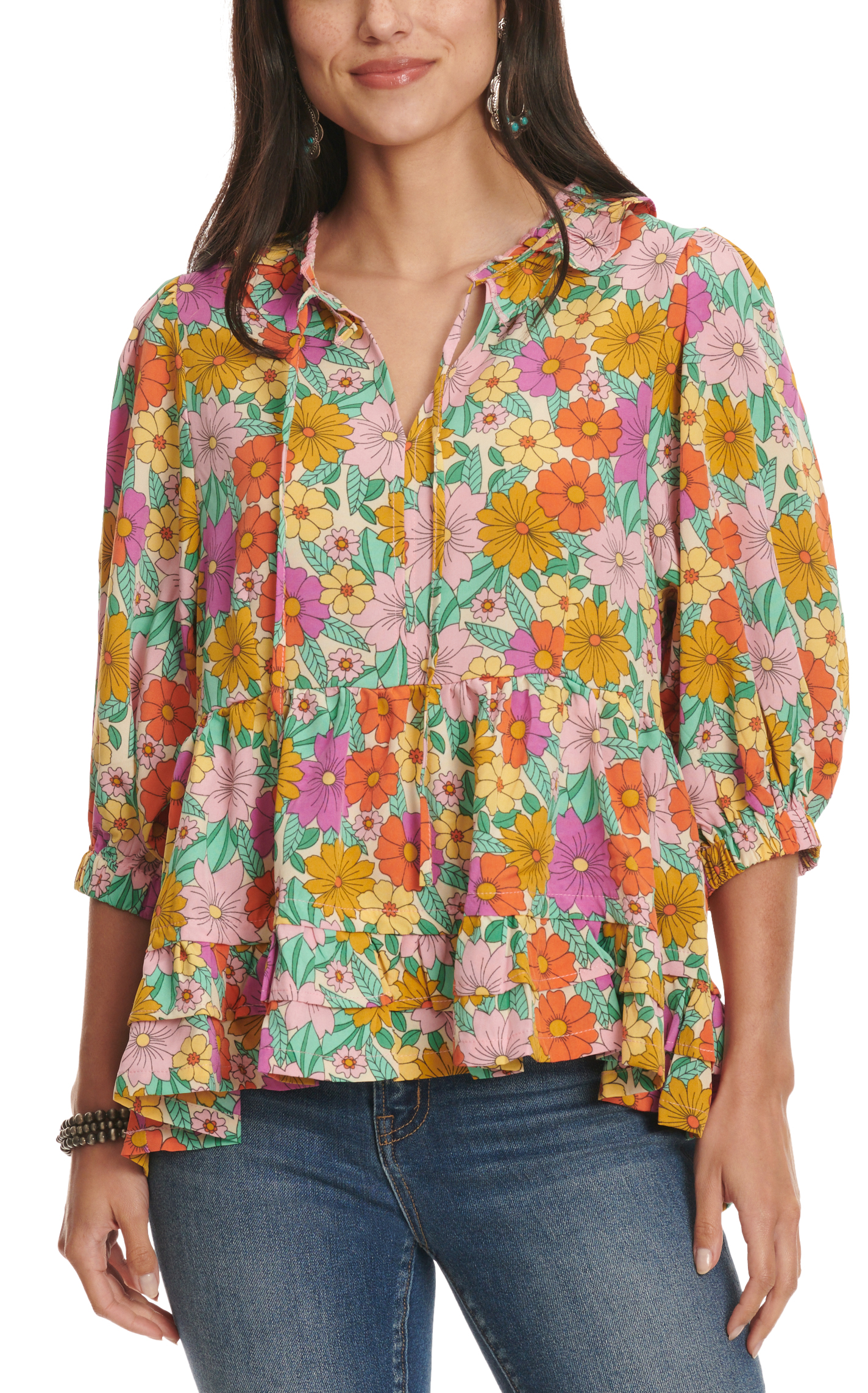 Umgee Women's Multi Color Floral Print Baby Doll Top - Image 1