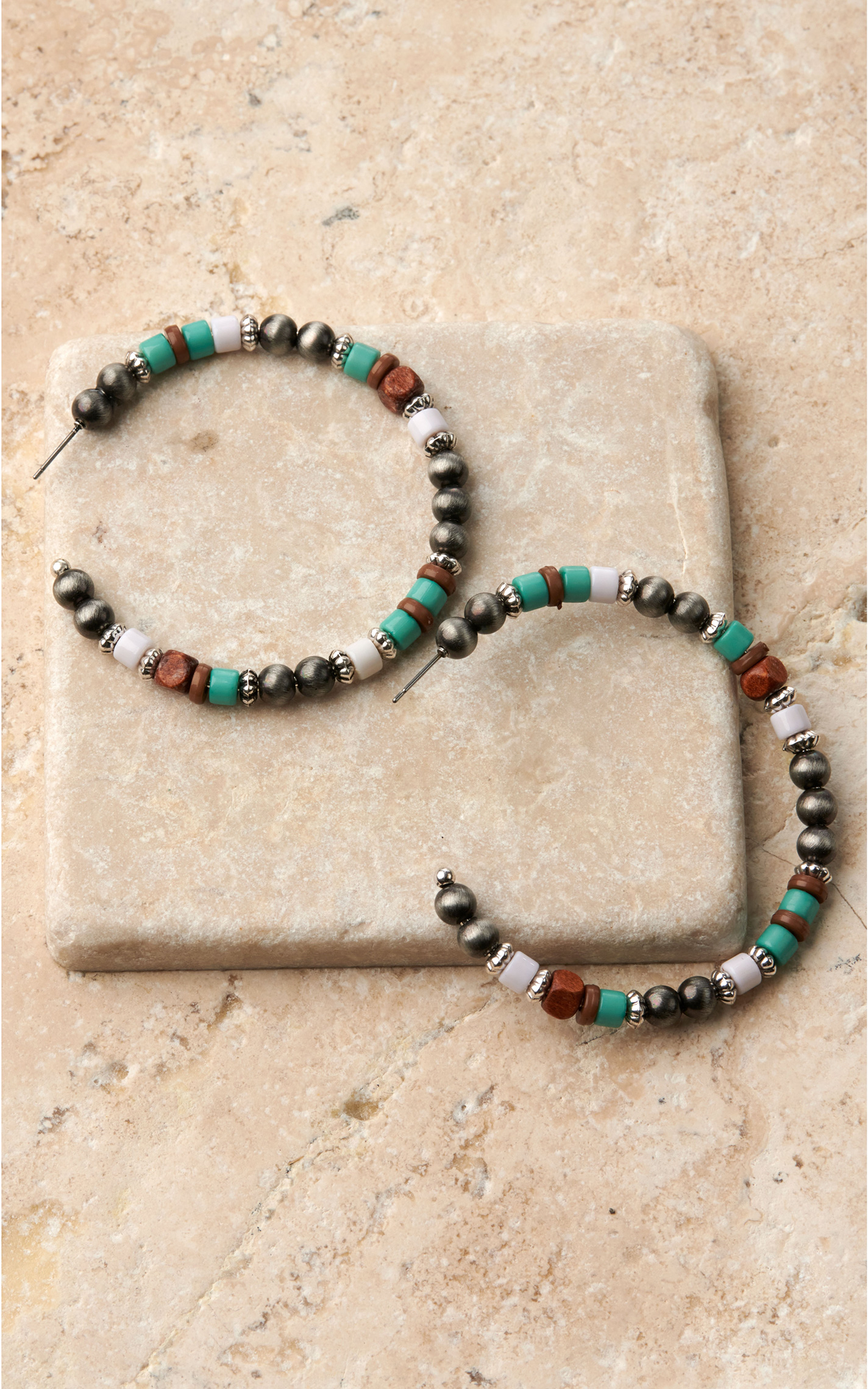 Silver Strike Turquoise, Silver and Brown Beaded Hoop Earrings - Image 1
