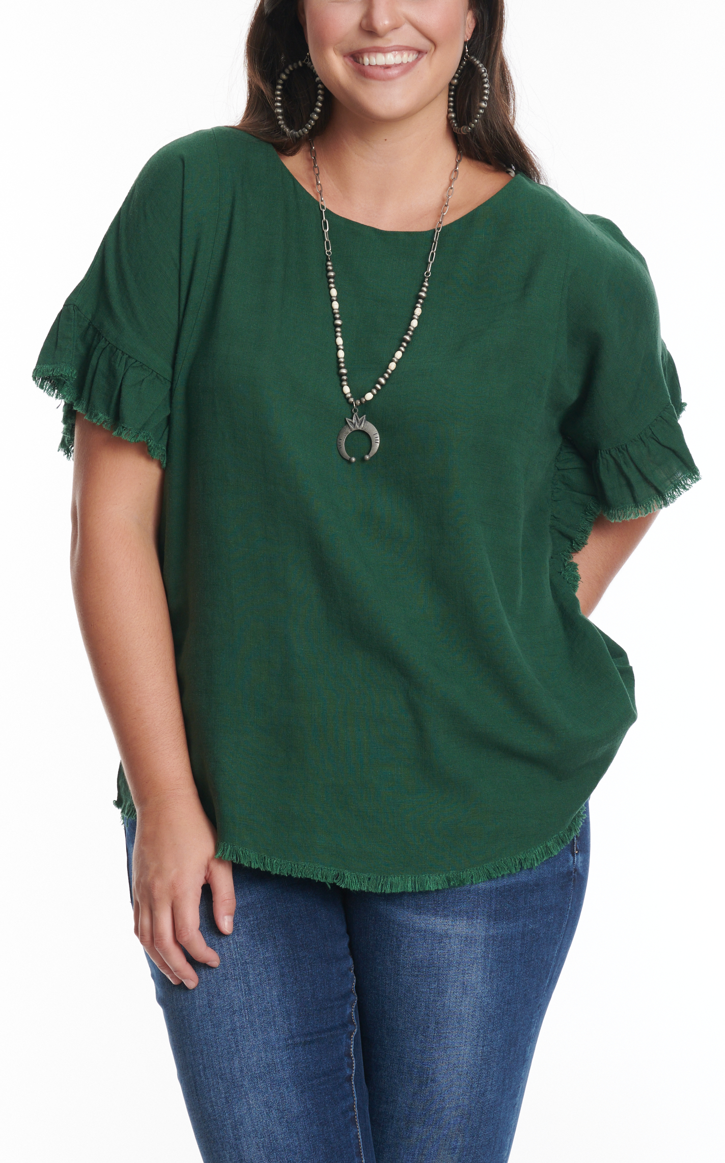 Umgee Women's Hunter Green Frayed Linen Top - Plus Sizes - Image 1