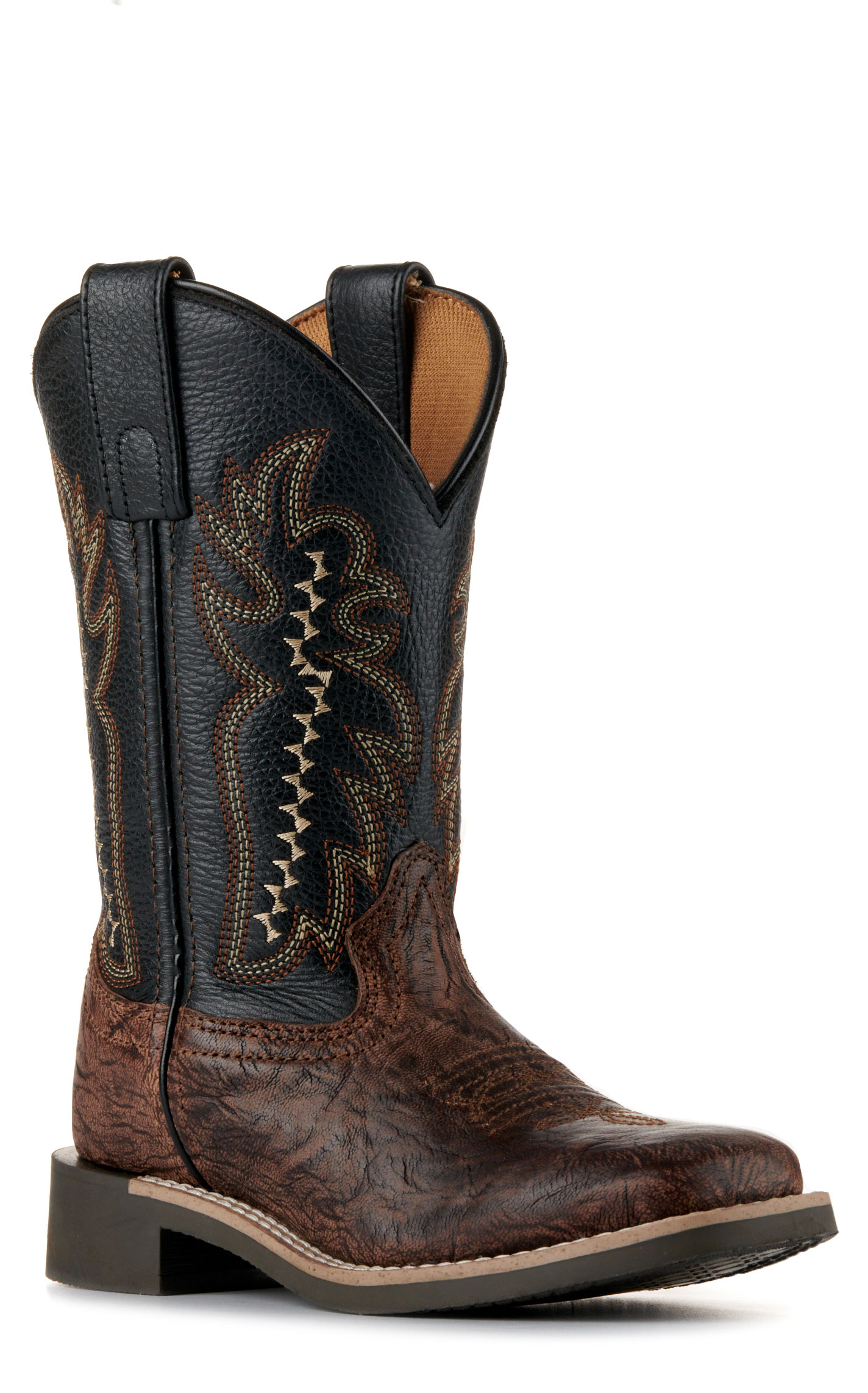 Smoky Mountain Youth Antique Brown Exotic Print and Black Wide Square Toe Cowboy Boots - Image 1