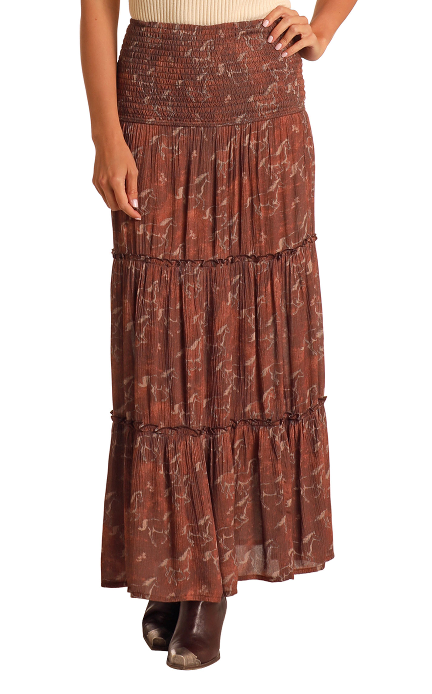 Rock & Roll Denim Women's Brown Tiered Horse Print Maxi Skirt - Image 1