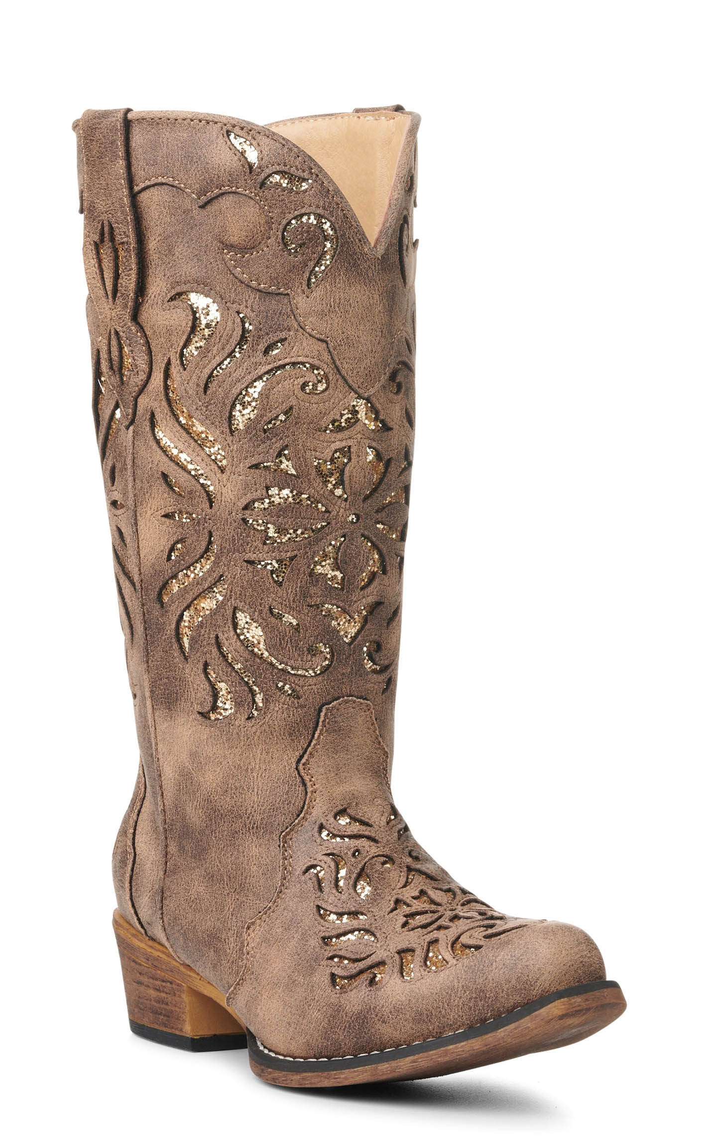 Roper Women's Riley Glitz Brown with Copper Glitter Inlay Snip Toe Cowboy Boots - Image 1