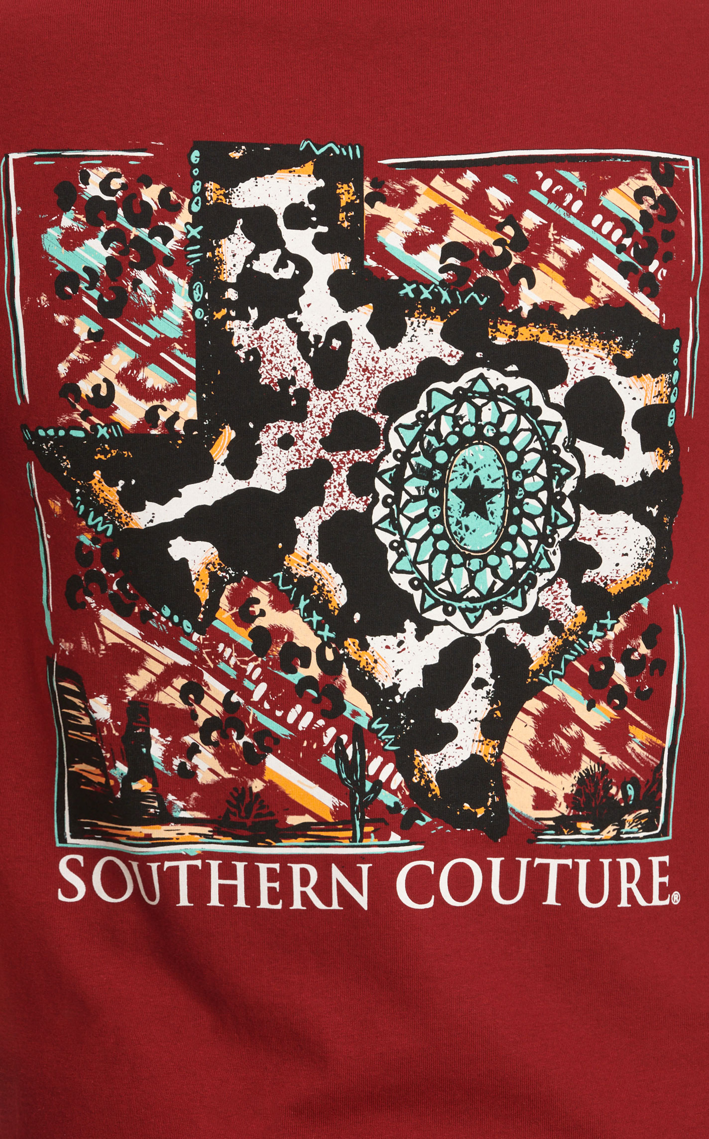 Southern Couture Women's Deep Red Cowprint & Turquoise Concho Graphic Short Sleeve T-Shirt - Image 3