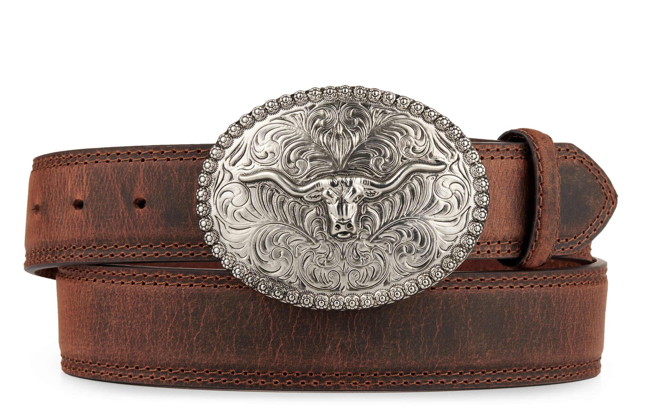 AndWest Men's Brown with Silver Longhorn Buckle Western Belt - Image 1