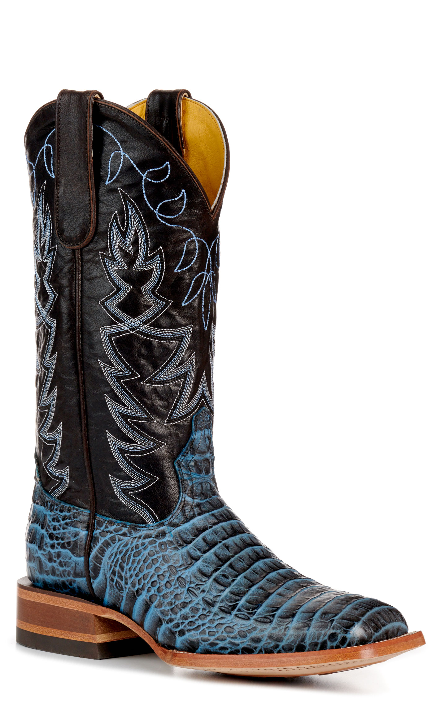 Cavender’s Women’s Endurance Chocolate and Blue Crocodile Print Wide Square Toe Cowboy Boots - Image 1